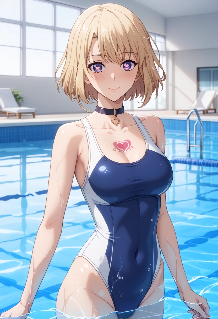 narita top road\(umamusume\), ultra-detailed face, upper body, muscular body, abs, front, white bikini, pool, light smile, large tits, masterpiece, best quality,