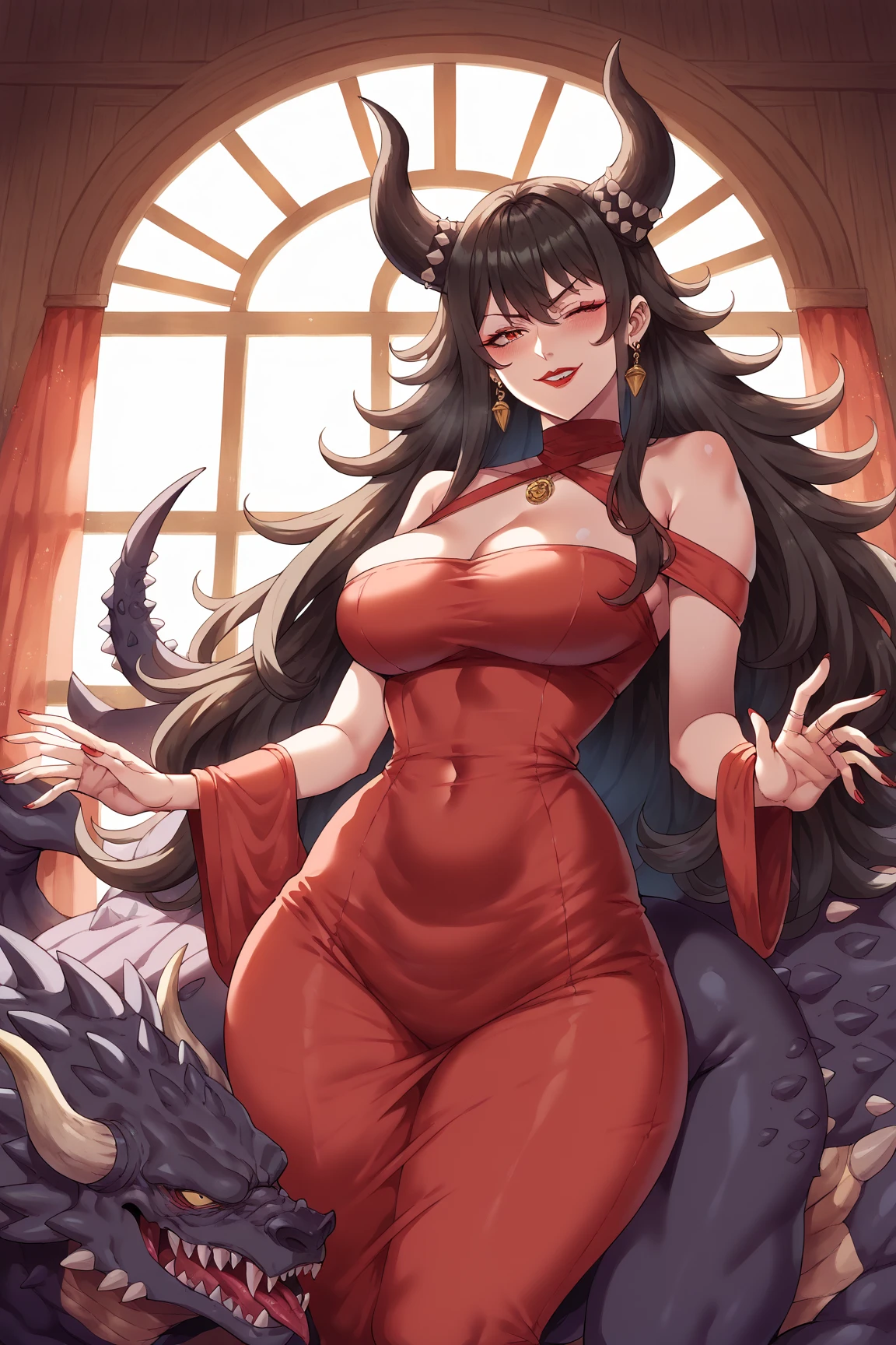 deaver, by deaver, black hair, female, vampire girl, horns, two tails, twin drills, solo, smol, pink eyes, massive breasts, massive butt, massive hips, oppai , very long hair, wear sexy Pink Chinese dress with black stockings, sexy pose arms on hips, masterpiece, ultra high quality, sexy pose, masterpiece, best quality, highly detailed background, cinematic lighting, detailed eyes, perfect face