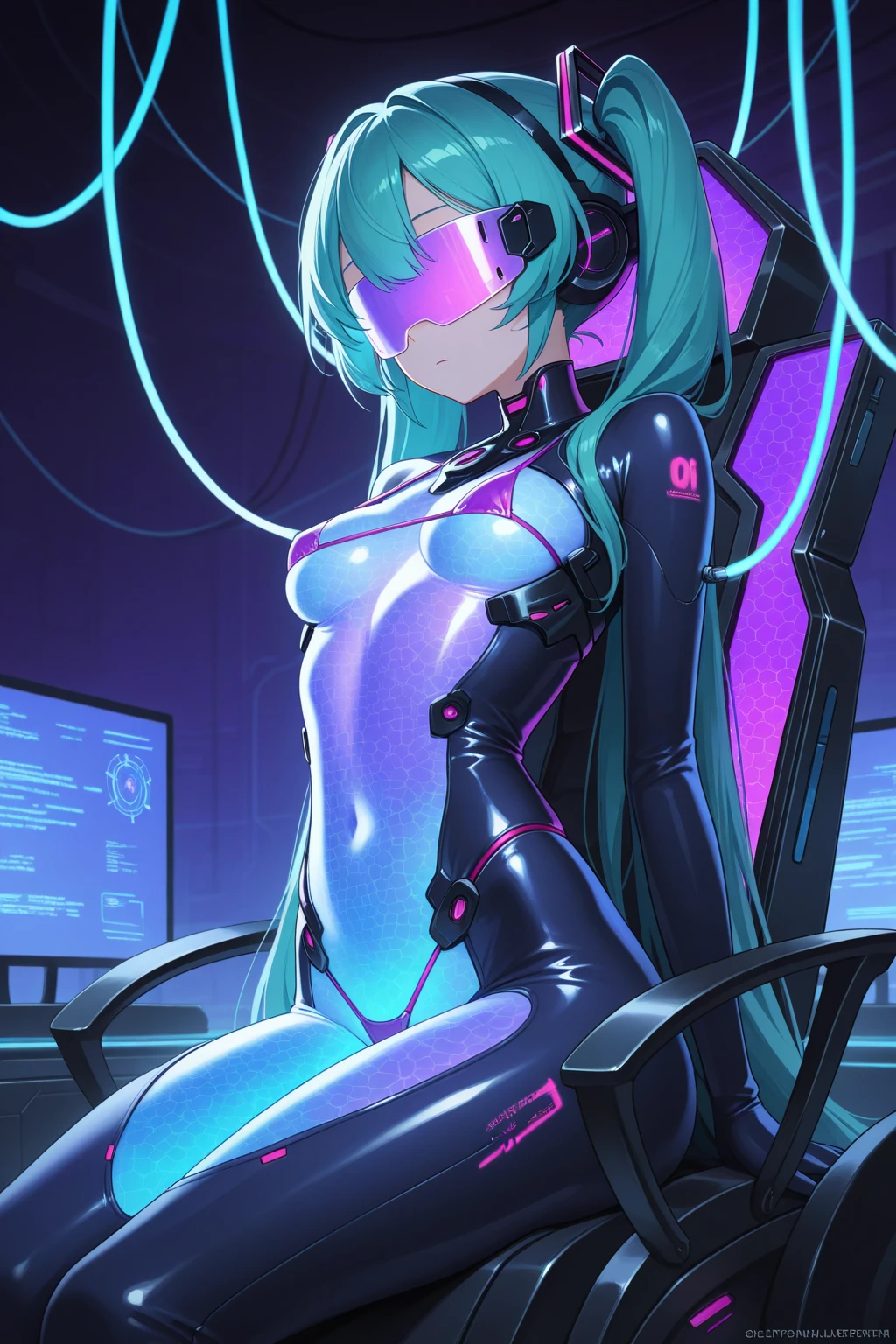absurdres, curvy body, official,hatsune miku,demon,1girl, perfect hands, evil fusion, breasts, looking at viewer, smile, gloves, alternate costume, leotard, cosplay, clothing cutout, magic, smile,dark persona, corruption, corrupted dark girl, cyberpunk,