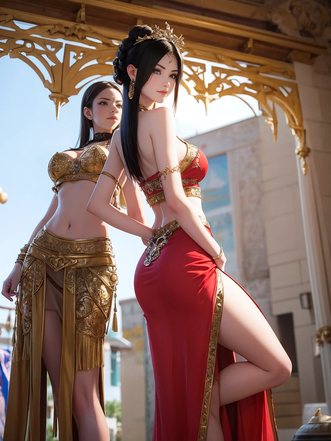2girls,duo,navel,(silk,satin,on the Castel Sant'Angelo of Rome,crowd,winter,Snow),BREAK Night Light, Drama Light, Earrings, Necklace, Bracelet