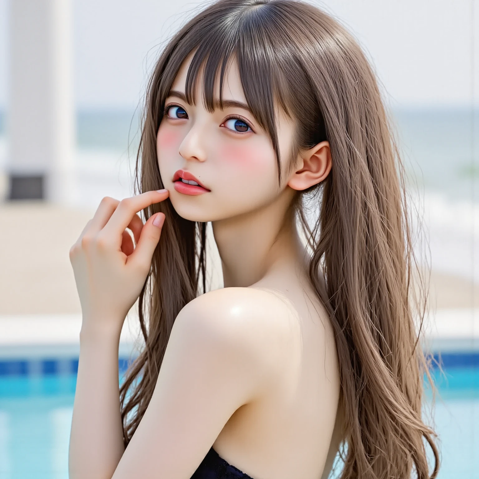 (highest quality, 32k, High resolution, masterpiece:1.5, ), Transparent air, The brilliance of youth, An award-winning masterpiece with incredible detail, Beautiful Japanese Girls, ((Low - Angle:1.3)), An exceptionally beautiful face, Small Face Beauty, Shiny brown hair, ((Beautifully arranged super long straight silk hair)), Asymmetrical bangs, Hair between the eyes, Beautifully trimmed, thin eyebrows, Magical big eyes, Moist black eyes, Clear double eyelids, Transparent, soft white skin, Sharp eyebrows, Thin lashes, Natural Makeup, Cheek highlighter, Pale pink detailed lips, Rich expression of emotions, Motherhood and generosity, (fleeting smile:0.7), ((Lightweight black silk blouse:1.0)), blue plaid pleated skirt, sit, ((Absolute area:1.4)), High resolutionの美しい太もも, (whole body:1.3), Parks by the sea, Beautiful, clear blue sea stretches to the horizon, The dazzling summer sunshine, detailed blue sky, Professional Lighting, Professional Photographer, Professional models