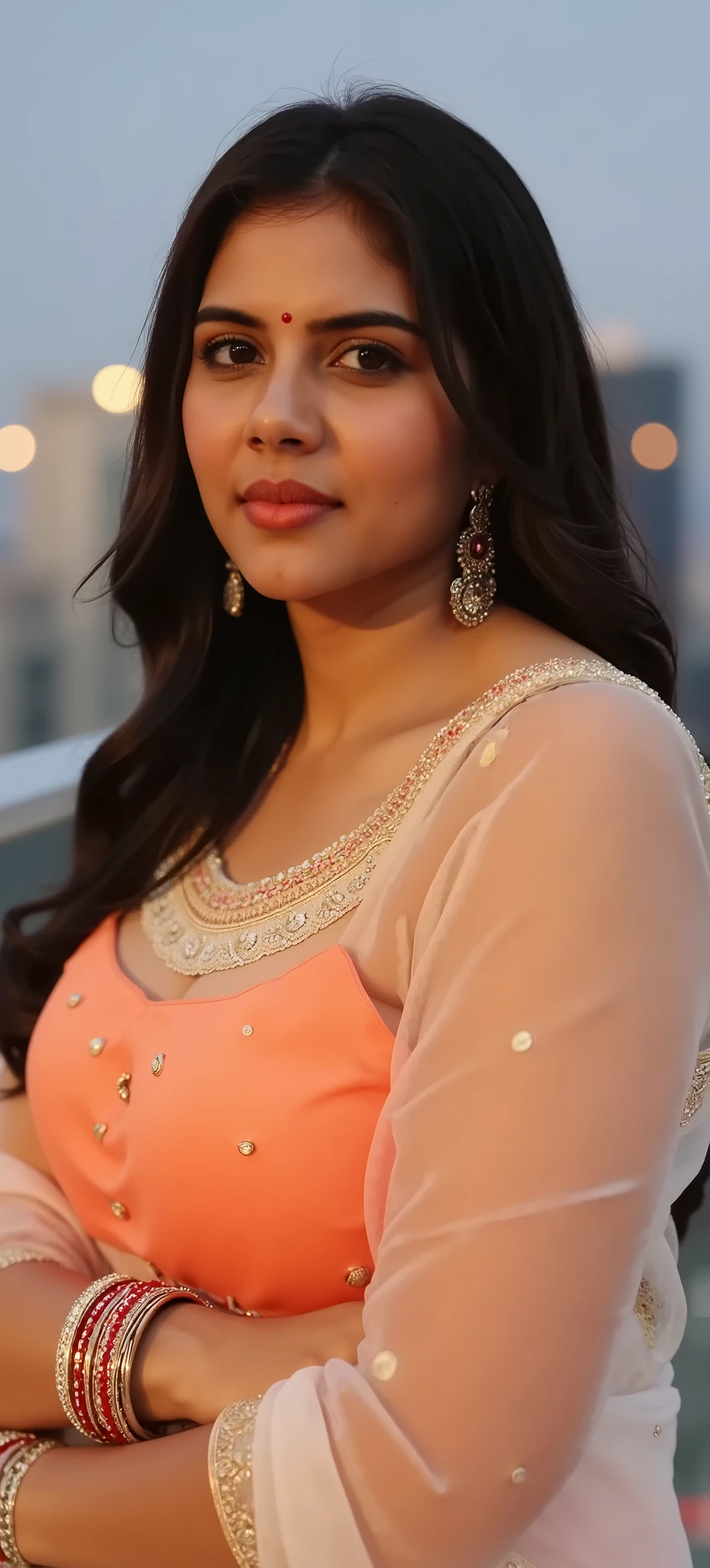 Indian beautiful woman in orange colour Sleeveless blouse,deep cleavage,curvy plus size model wearing transparent white color saree, long hair let loose, plenty of red and white bangles in hand, bindi on fore head. Looking seductively at camera, long hair, most beautiful eyes, long hanging earrings, wedding bangles on both hands, very small red bindi, chubby cheeks, very red shiny glossy lipstick, long silky smooth hair with layered and side bangs hairstyle, evening time, alone in balcony on 50th floor with city view background, candle lights and flower petals all over the floor