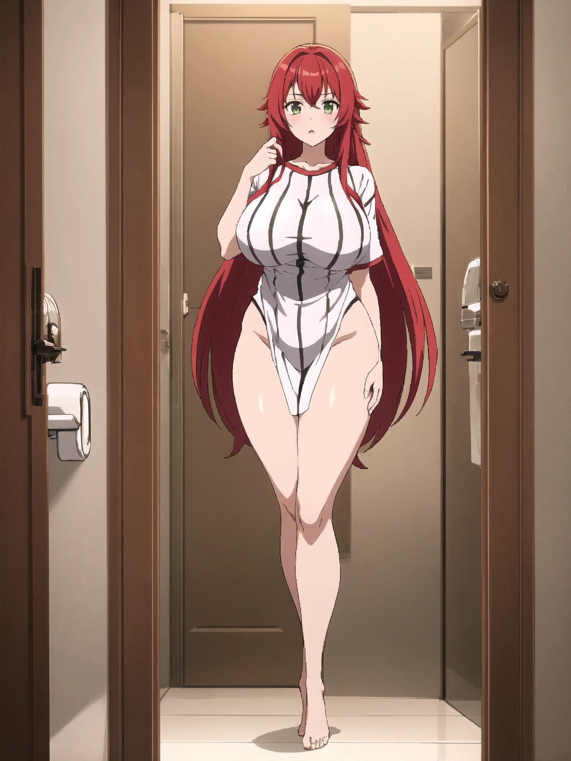 kushina, long hair, hair ornament, red hair, red head, hairclip, (grey eyes:1.5), full body, indoors, BREAK (masterpiece:1.2), best quality, high resolution, unity 8k wallpaper, perfect lighting, extremely detailed CG, (perfect hands, perfect anatomy), closing eyes in her smile, ((naked)), sandals