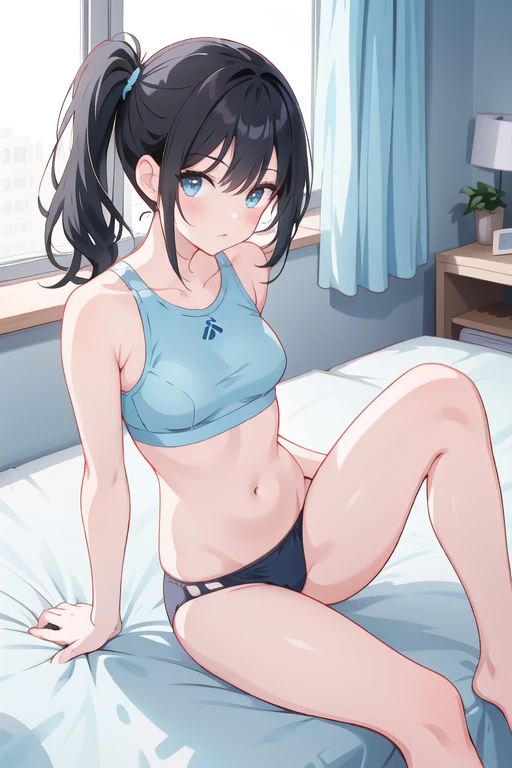 POV (from below), 1girl, alone, Miku Nakano, Long hair, brown hair, blue eyes, embarrassed, Neutral expression, mouth partially open, seductive, sweaty, room, bedroom, Good lighting, Night, window with open curtains, bed, sitting, legs open, underwear, blue bra, blue lace bra with white floral details, black pantyhose, transparent stockings, showing underwear, BLUE THONG, left hand stretching black pantyhose, large breasts, medium waist, medium hips, wide thighs, looking at the viewer, perfect hands, excellent body anatomy