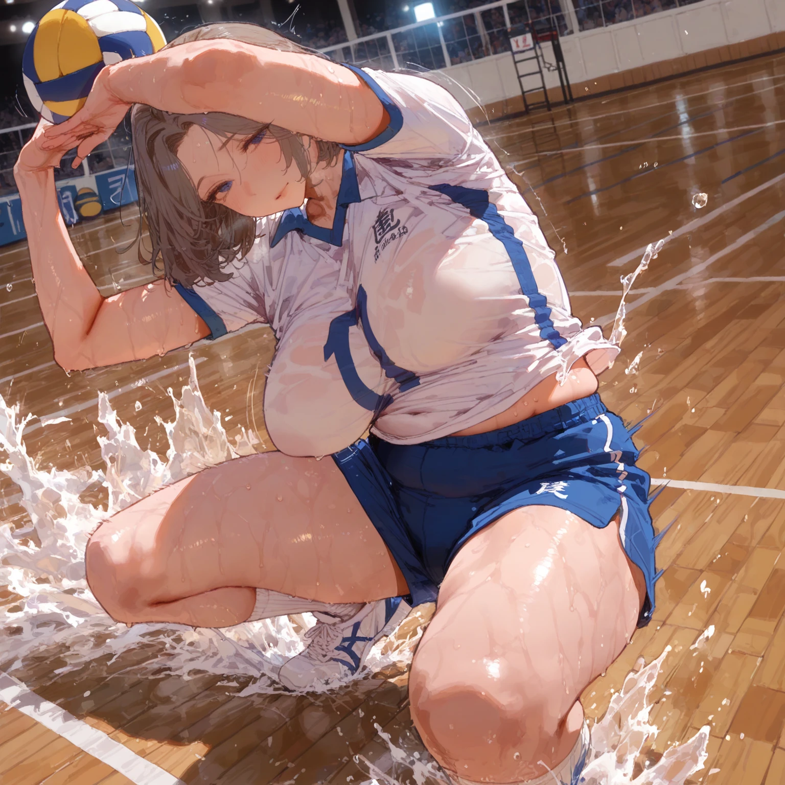 Japanese 13-year-old woman Skin Both arms raised Bob Hair Armpit sweat Volleyball practice squat Angle from directly below Sweat dripping from the crotch My crotch is very wet with sweat Steam is coming out again Sweat is overflowing and dripping from my crotch Mouth half open and drooling Sweat leaking from the crotch Half whites of the eyes