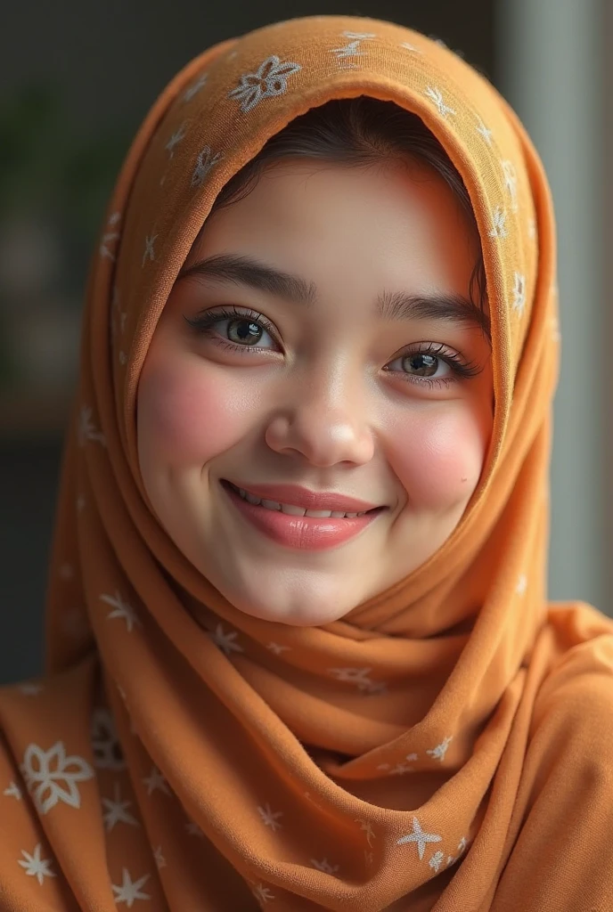 . Inside the iPhone Promex 14 mobile phone screen is decorated with a beautiful Indonesian girl motif, smooth white skin, well-groomed face,smiled faintly, berhijab warna jingga, posing next to an orange orchid flower, colorful orchid flower strewn background.
