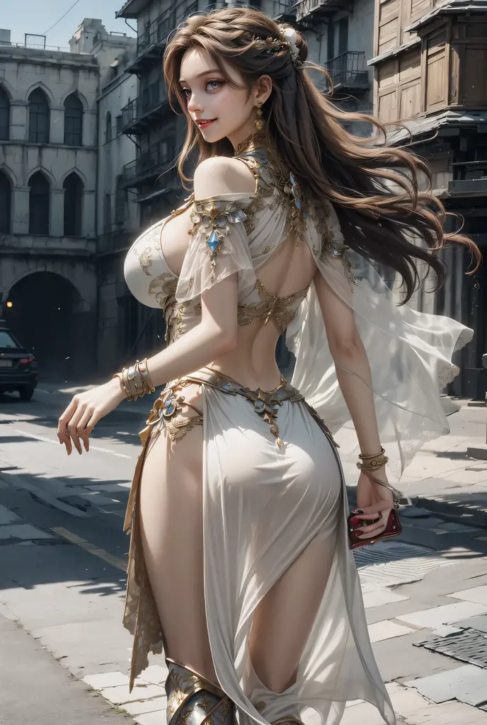 A standing full body bewitching image showcasing a powerful, captivating ancient cute white catwoman, with intricate, ornate jewelry and adorned with intricate, ornate patterns. The catwoman's glowing eyes and flowing, add an element of mystery and power to the scene. The sunlight illuminates her, casting a soft, dreamy glow on the scene. telephoto lens, f/2.8 aperture, warm tones