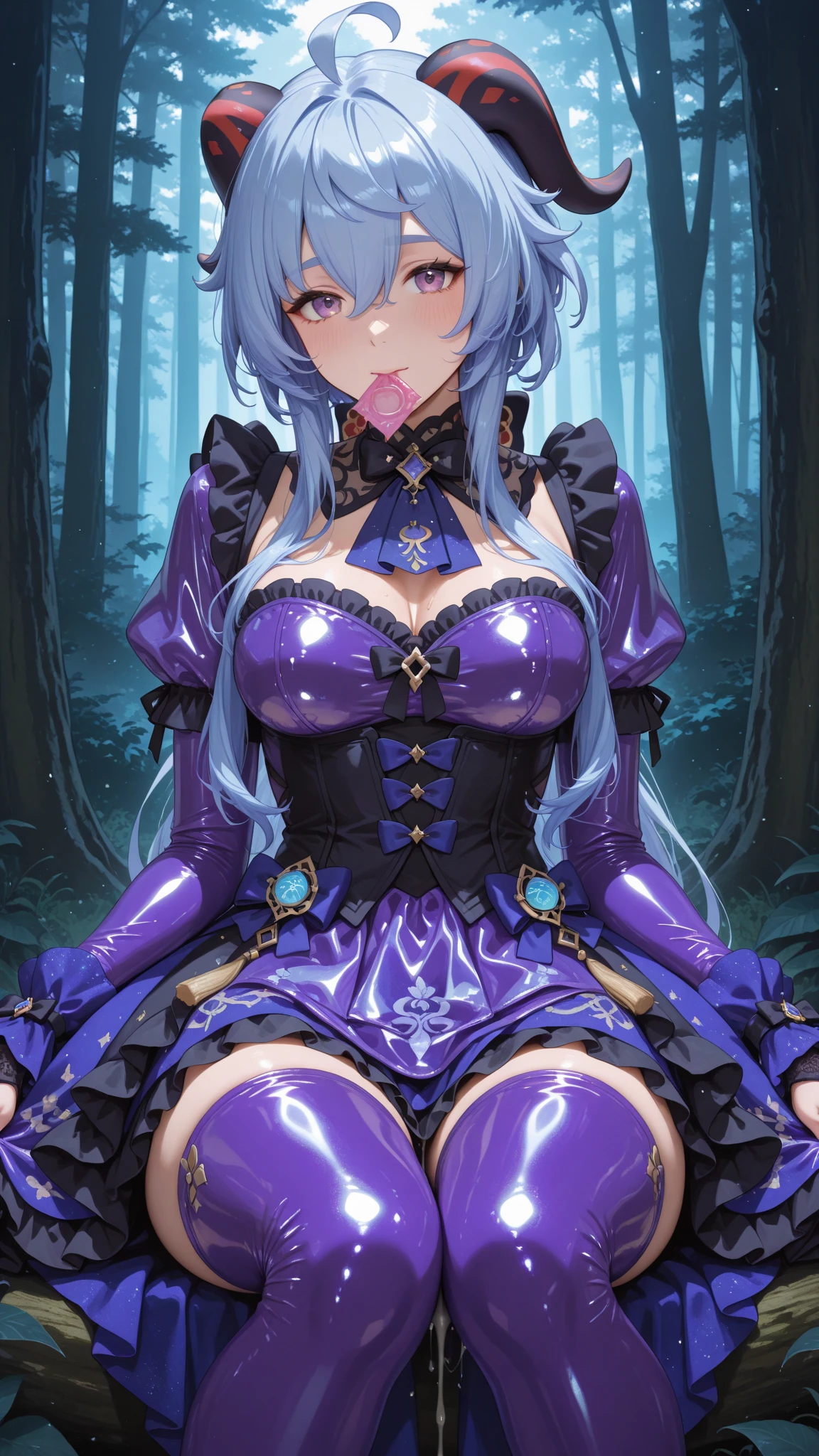black swan, hair between eyes, long hair, (yellow eyes:1.1),evil smile,very long hair, white hair,arm belt, bare shoulders,((cleavage)),((black silk covered navel)), dress, elbow gloves, gloves, veil,((upper body)),((hands covered breasts)),((big breasts)),breasts focus
