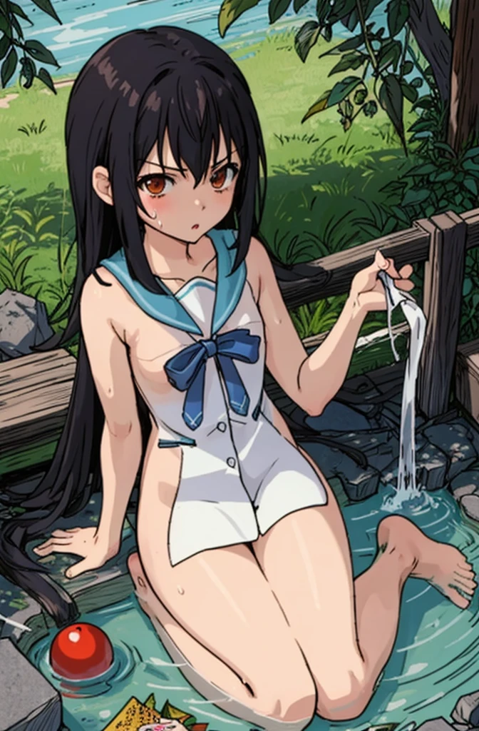 portrait, sharp focus, soft lighting,, , illustration, depth of field, (bloom:0.4), kagomexl, long hair, black hair, brown eyes, bangs, , serafuku, sailor collar, red neckerchief, anime coloring, cloth gagged, underwater background, shibari, hands behind back, eyes closed, show full body, underwater background, coral reef, face turning blue from oxygen depravation, looking above, tied up with tape and rope, ball and chain on one leg, legs bound, wrists bound, white cloth gag over mouth, subject off center to the left, legs and ankles tied up, , white cloth gag, angry and panic expression, panicked and struggling, dark green skirt, pink panties