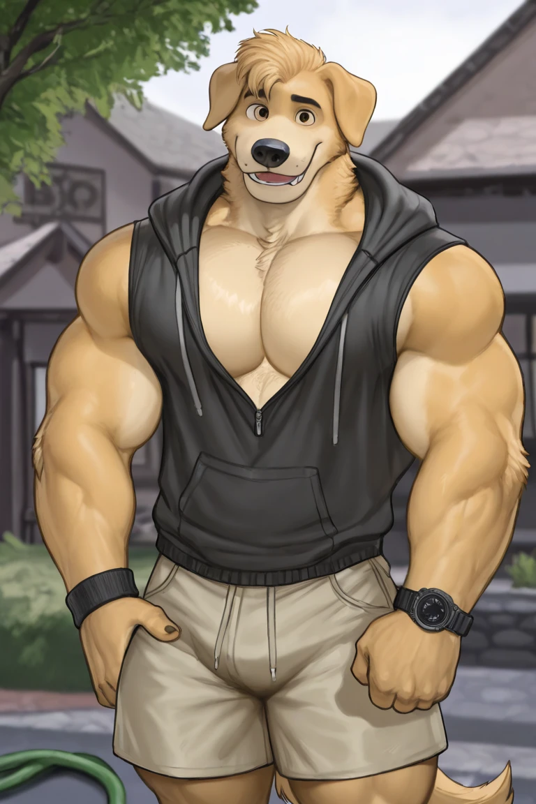 Grizzly Bear, good looking, male, anthro, ultradetailed, muscular, solo, bareness, rippling muscles, muscles, military camp background, tail, serious, big pecs, looking at viewer, military tank top, doggy tag, bara, big muscles, tug-a-war, rope