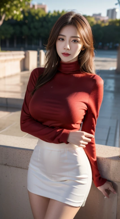 (Tabletop: 1.3), (Maximum resolution: 1.2),, (Fine grain and skin), (Detailed facial features), Hmph, Sharp focus: 1.2, Perfect Style, Beautiful Face, Perfect body、Highly detailed face and skin texture, Fine grain, Dark blue eyes, : 1.2, Natural Cheeks, Glowing Skin, Fair skin: 1.2, Shiny little necklace and earrings, (Glossy Lips: 1.She is a very cute 20-year-old woman), (Captivating smile: 1.2), (length, Straight Hair, Bans), (Light Brown Hair:1.2), Medium Chest,、Soft 、(Full Body Shot)　cute red and white knitted hat、Red long boots、Shyness、Buttocks emphasis pose、Sexy Hips、Kamimei、 venue、white and red length sleeve turtleneck sweater、white and red tight skirt、look back、Shooting from below