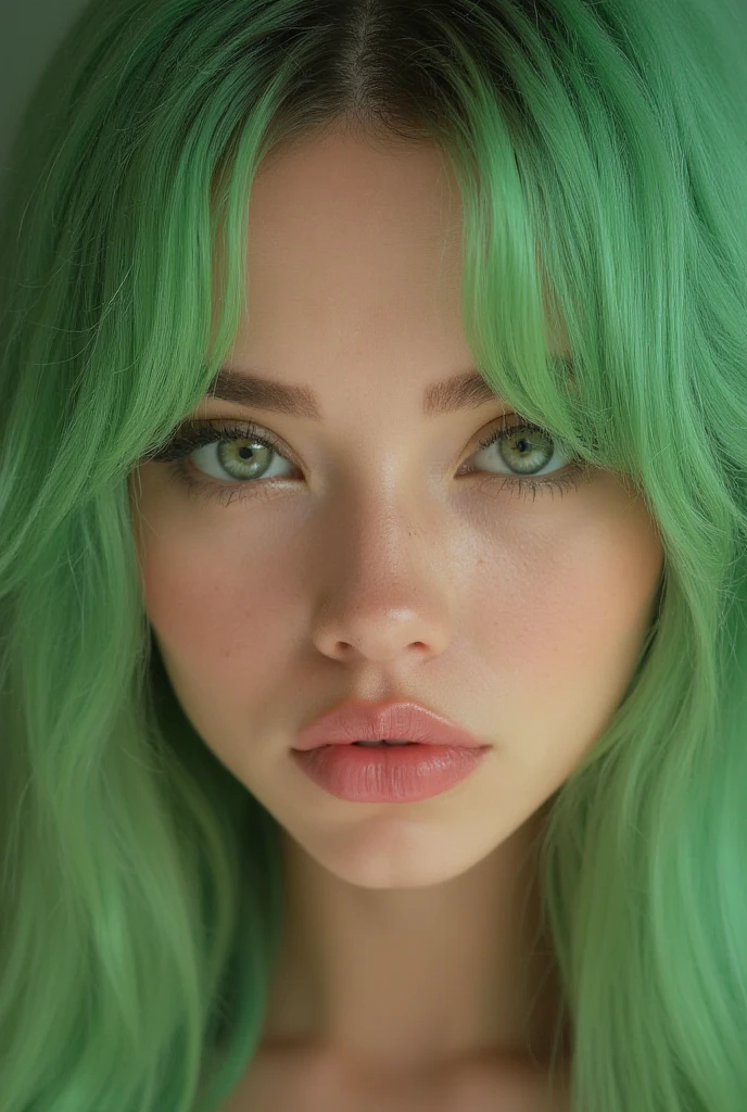 (best quality,realistic:1.37),ultra-detailed,extremely detailed eyes and face,long eyelashes,beautiful detailed eyes,beautiful detailed lips,1girl with green hair,1girl with green eyes,lying on,a black leather sofa,in a black and gold bra and skirt,soft lighting,vivid colors,studio lighting.