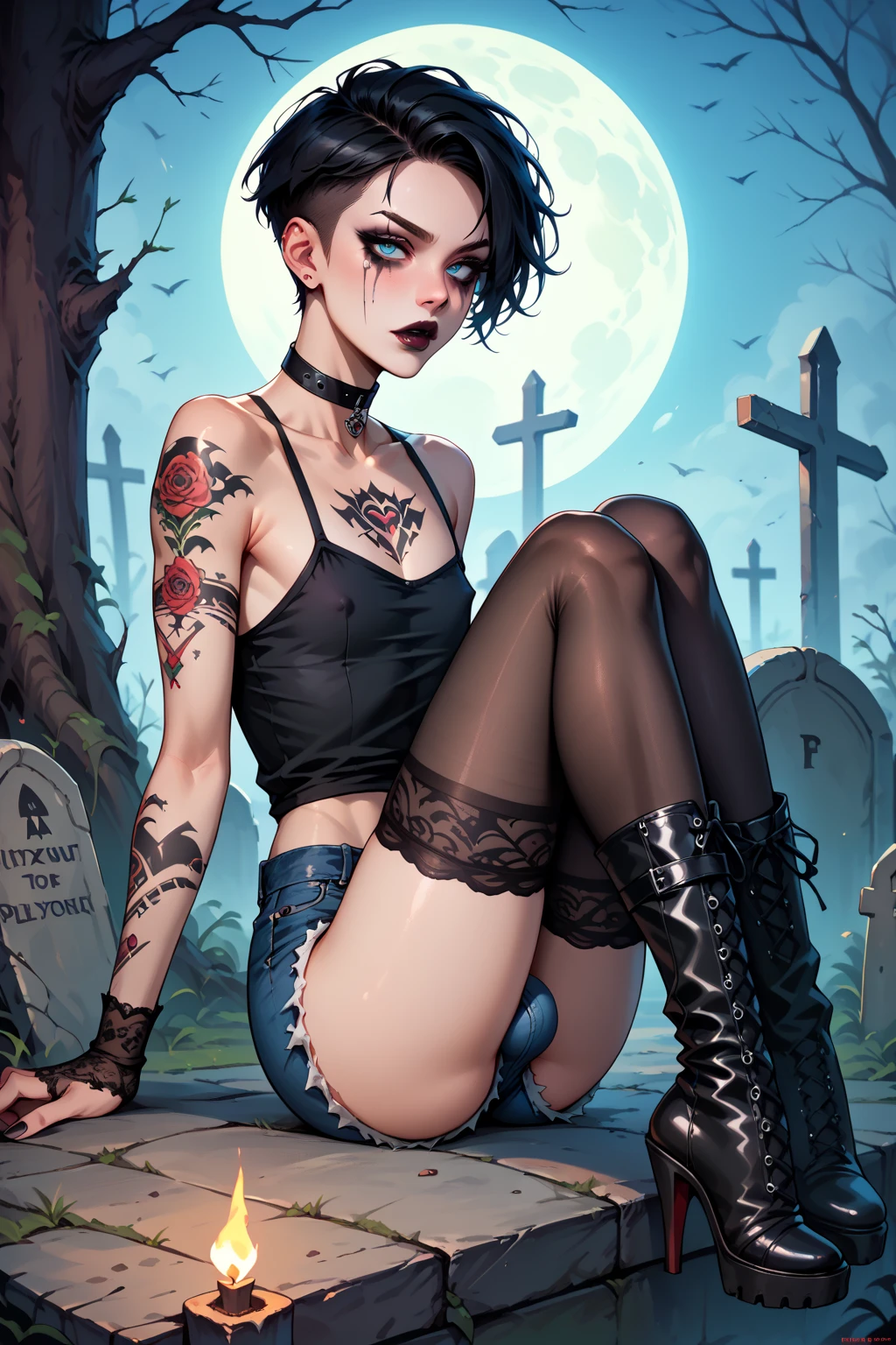 score_9, score_8_up, score_7_up, score_6_up, score_5_up, score_4_up, highest_quality, masterpiece, 1girl, black hair, red eyes, female, hourglass figure, spiky ponytail, goth, black lipstick, black crop-trop t-shirt, off-the-shoulder shirt, long-sleeve shirt, shoulders visible, (skull logo on shirt), denim shorts, shorts unzipped, underboob, underbutt, black thigh-high socks, thigh-high socks, B-cup breasts, minor cleavage, in dense forest, night time, full moon, foggy, high rise thong, black bikini top, bikini straps, presenting cleavage, parted lips, black choker, black rose tattoo on shoulder, toned stomach, ghostly pale skin, sitting on large rock, sitting cross-legged, leaning back, simple makeup, catwing eyeliner, front view, red converse shoes, short, pointy ears, fangs