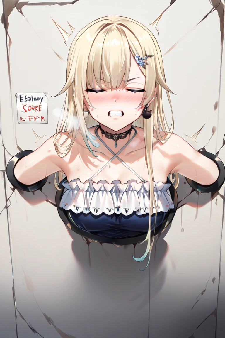 One,,female body,feminine, blond hair,blue eyes, leather black bra, sweat steam, embarrassed,blush,parted lips, kneeling,arms behind head, full body, bondage,bdsm, collar,rope,chain, crowed stage,stage, tickled on her armpits, tickled on her hips, tickled on her ribs, laughing, tickled by hands, (hands everywhere 1:1), tickled by another woman