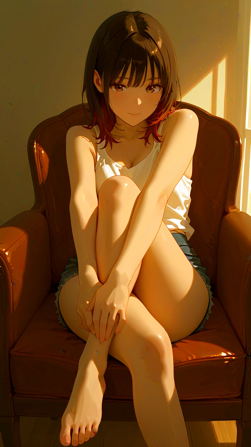 1 girl, alone, masterpiece, highest quality, High resolution, very detailed, (figure), beautiful and fine eyes, yuigahama yui, single hair bun hair, glossy lips, light makeup, wooden floor, (ballerina), sleeveless leotard, cold, barefoot, sitting, (knee bent)