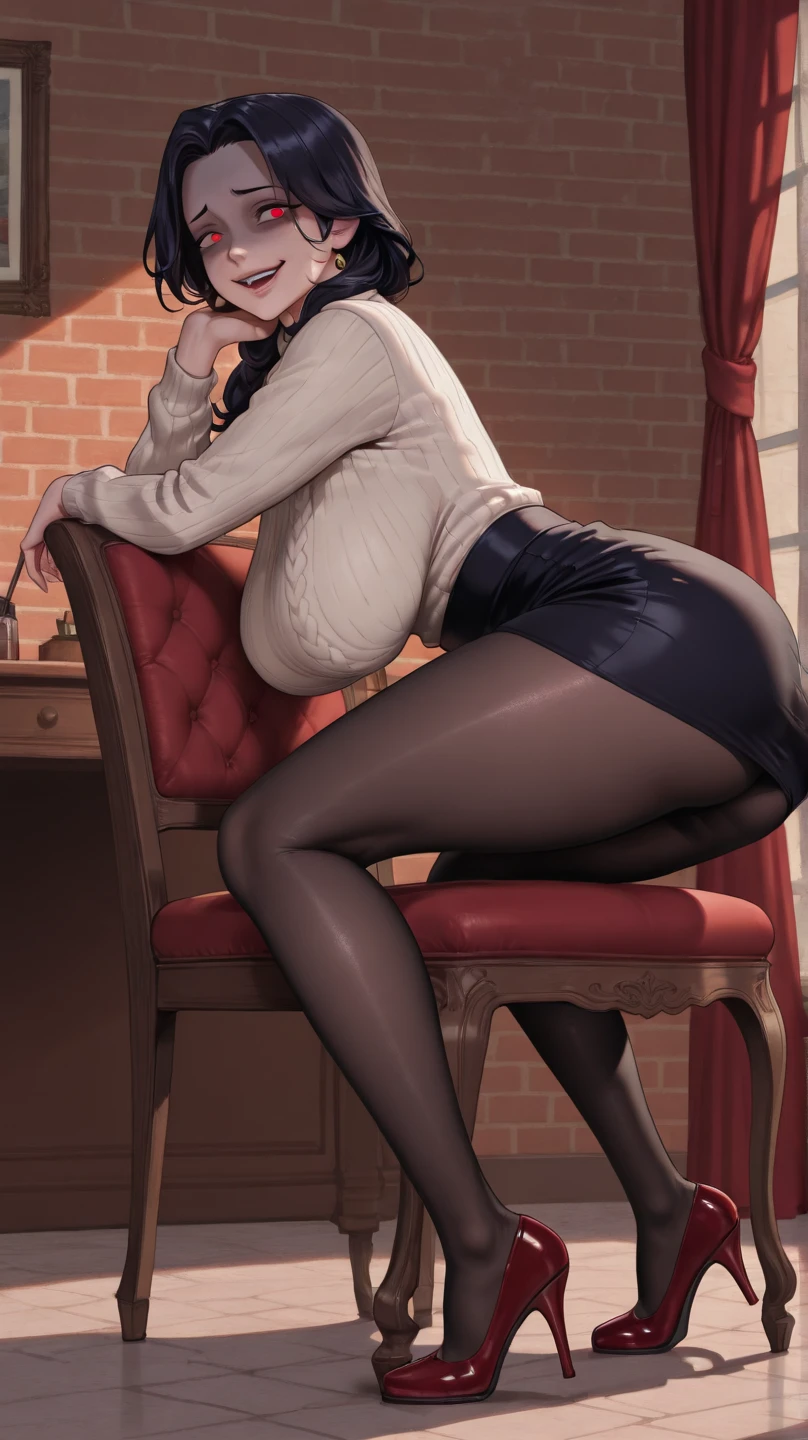 A naked girl with her head completely shaved and smooth is sitting in a chair in a barbershop while touching her head in embarrassment