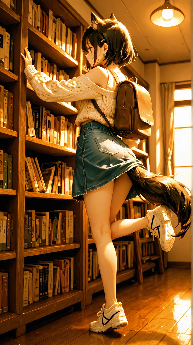 ((RAW image quality:1.4))、8K分辨率、Ultra-high-definition CG images、top-quality,  ultra-quality, The ultra-detailliert, lighting like a movie、Inside a huge library、(The back of a woman trying to reach out on her toes and take a book high:1.4)、School Uniforms、The skirt flutters in the wind、Pure white panties、Windlift-up skirt、s ass、nice butt、perfect buttocks、Eyes from below、8mm fisheye lens、(Photos showing the whole body:1.4)、