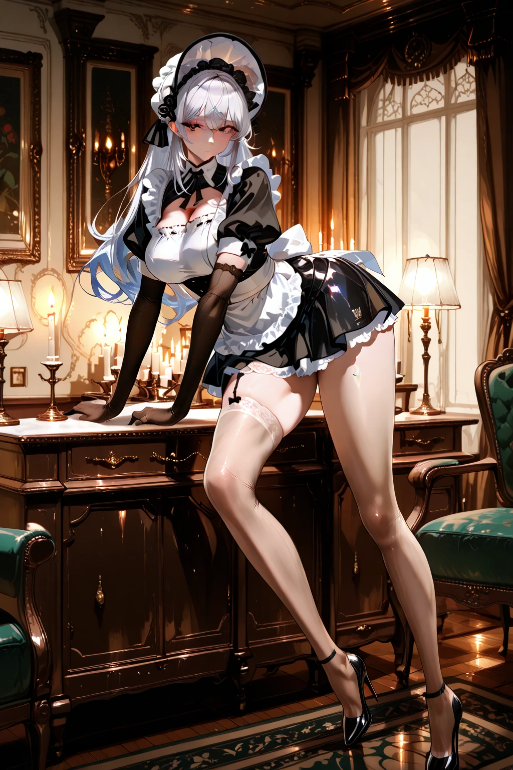 masterpiece, best quality, indoors, bedroom, from behind, close up, feet focus, leg up, 1girl, standing, looking at viewer, long hair, white hair, yellow eyes, animal ears, medium breasts, maid dress, frills, maid hat, choker, white thighhighs, garter belt, feet, soles, paw print, <lora:CatPawPrint.v0.3:0.7>