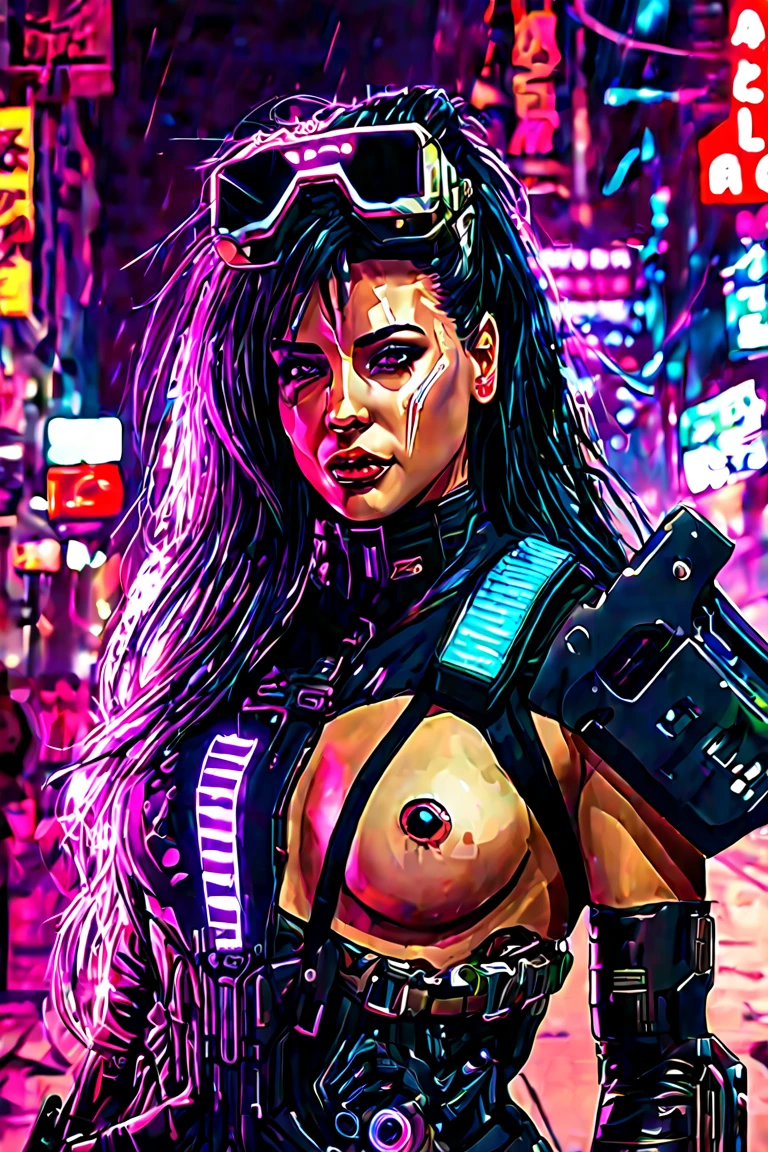 A Cyberpunk girl with goggles and tattoos poses in front of a neon sign.
