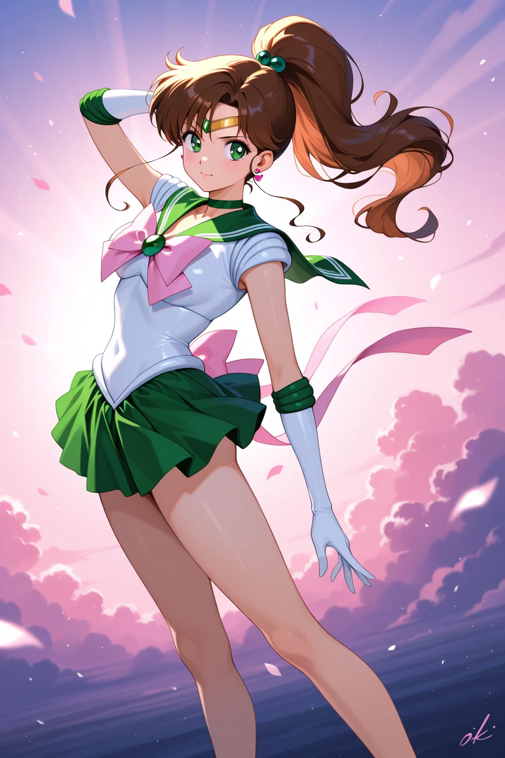 sailor jupiter, 1 girl, brown hair, long hair, brown eyes, detailed eyes, simple background, female focus, alone, Standing, Makoto Kino, portrait, full body, (Masterpiece:1.0), (best quality:1.0) , (wallpaper 8k:1.0), (detailed beautiful face:1.0), (detailed deep eyes), deep eyes, looking at viewer, sailor scout, pink bow on chest, green skirt, white gloves,