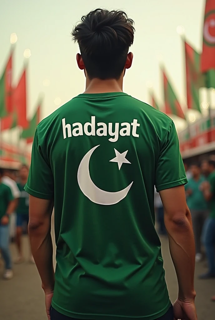 A muslim person waving islamic green flag and his white kurta back writing sarib in english