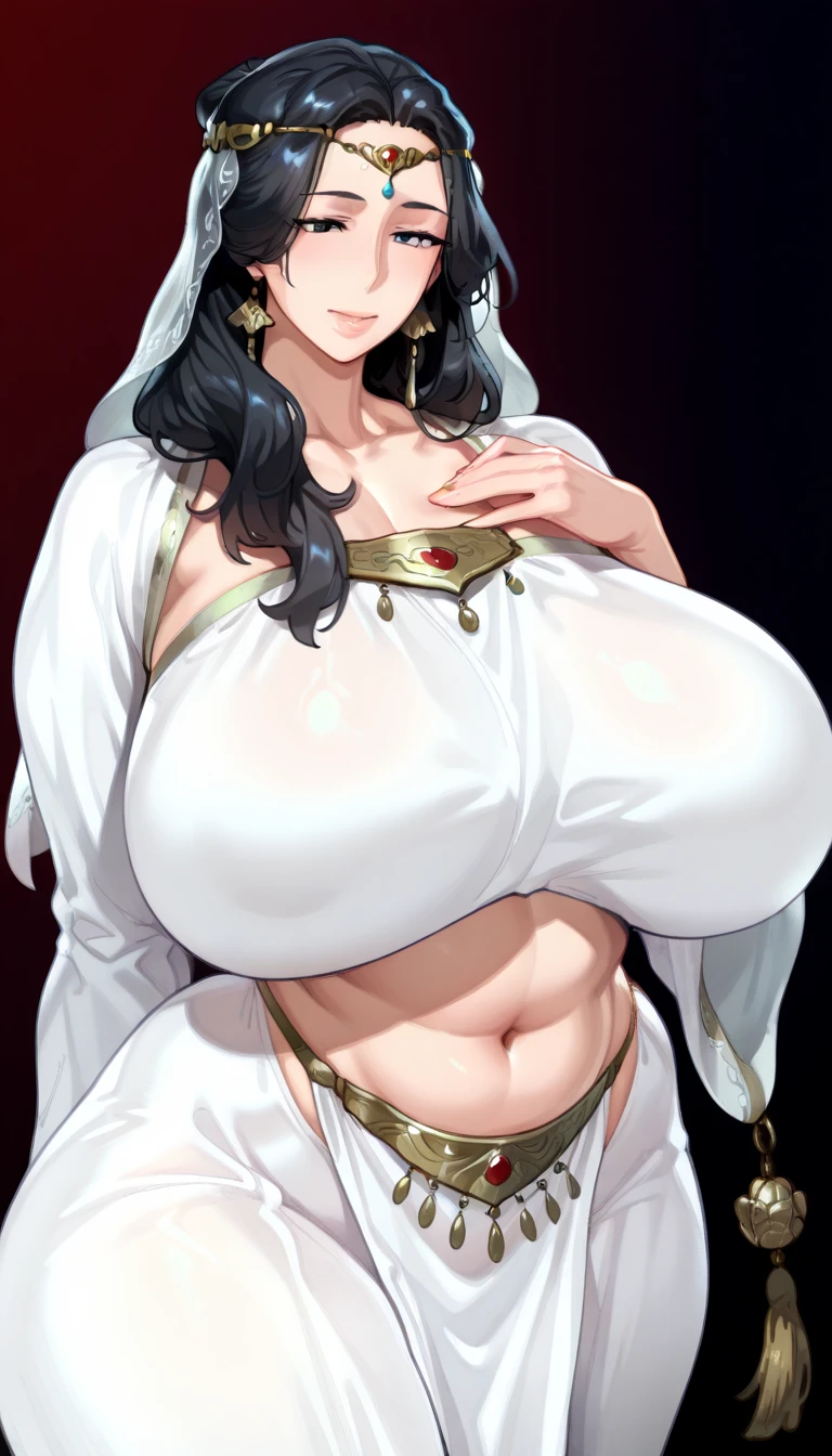 Off-the-shoulder white wedding dress, Snow White Veil, choker, silver tiara, necklace, earrings, church background, kanu unchou, anime cels style, best quality, high resolution, 1girl, (huge breasts:1.2), beautiful face, black hair, long hair, ((hair over one eye)), closed eye, puckered up lips, want to kiss