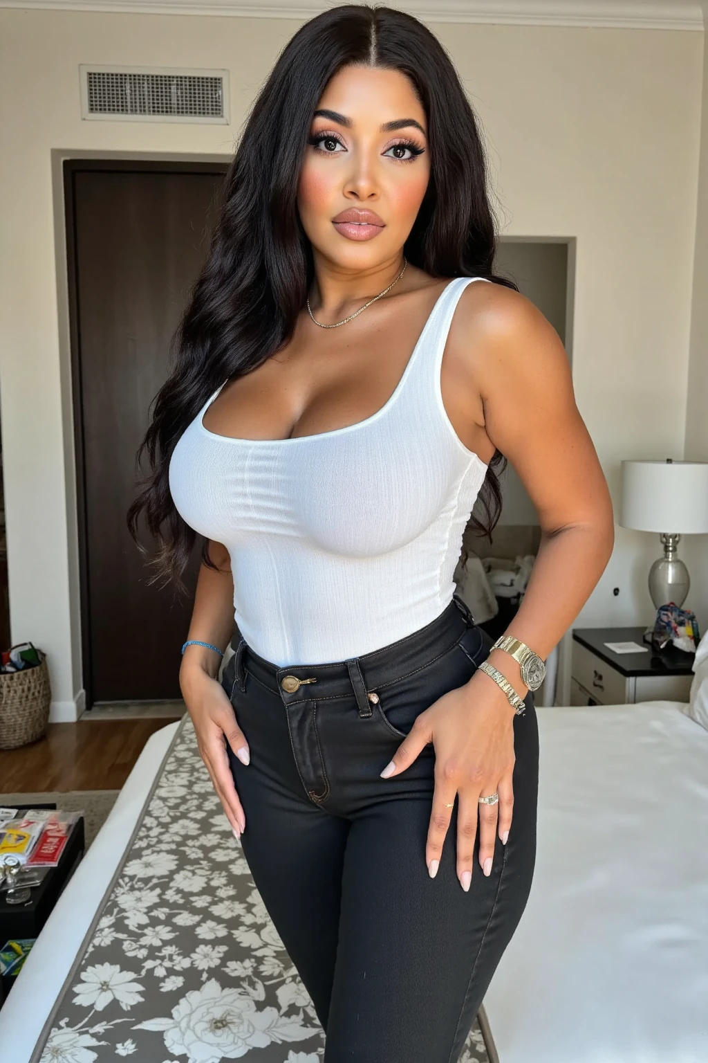 (((Photograph of a Brazilian woman))), flawless olive skin, long wavy black hair, perfect face, beautiful face, square and oval shaped face, big beautiful eyes, dark eye shadow, dark thick eye brows, thin nose, nose ring, juicy lips, high cheekbones, well-defined jawline, wearing earrings, mesomorph body type, hourglass body shape, wearing professional business attire, (wearing business clothes), standing, full body shot, super detailed, 8k, intricately maximalist-details, extremely detailed, masterpiece