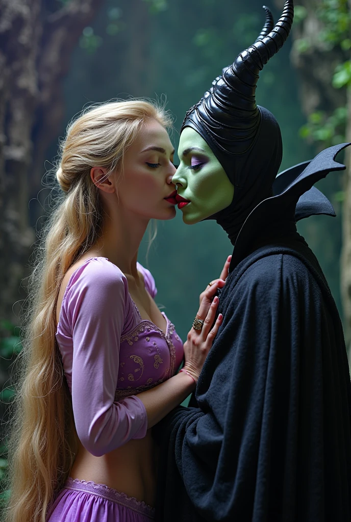 A stunning closeup portrait of Maleficent fondling her breasts, she is fertile and wants to breed, location is dungeon interior, purple and green light, breasts, powerful, pale eyes, she is kissing a young Rapunzel, Rapunzel is young and has long blonde hair that is 100 feet long