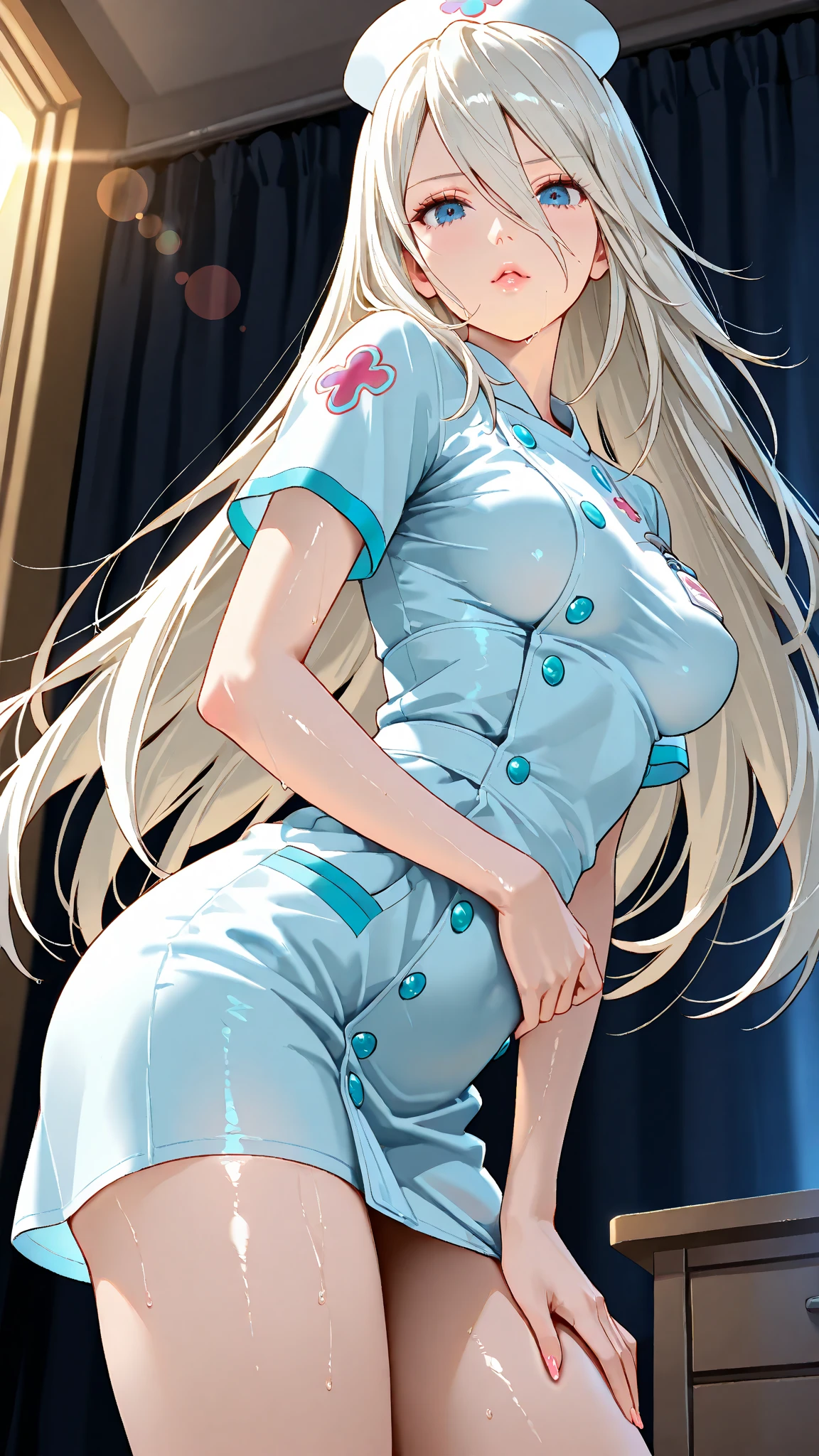 1girl, (solo:1.2), (cowboy shot:1.2), (Beautiful and detailed eyes description), (Beautiful and detailed face), Perfect female body, neat figure, slender waist, (young girl), (20 years old), long hair, platinum blonde hair, very big eyes, blue eyes, medium breasts, blush, shy, watery lips, nurse, (transparent nurse dress), nurse cap, unbuttoned, (white gloves:1.2), (white pantyhose), high heels, necklace, earrings, indoors, school nurse, hospital bed, window, white curtains, sunlight, squatting, (best quality), (ultra detailed), (masterpiece), (highres), (original), (extremely detailed CG unity 8K wallpaper), character design, game cg, detailed manga illustration，(NSFW 1.1)