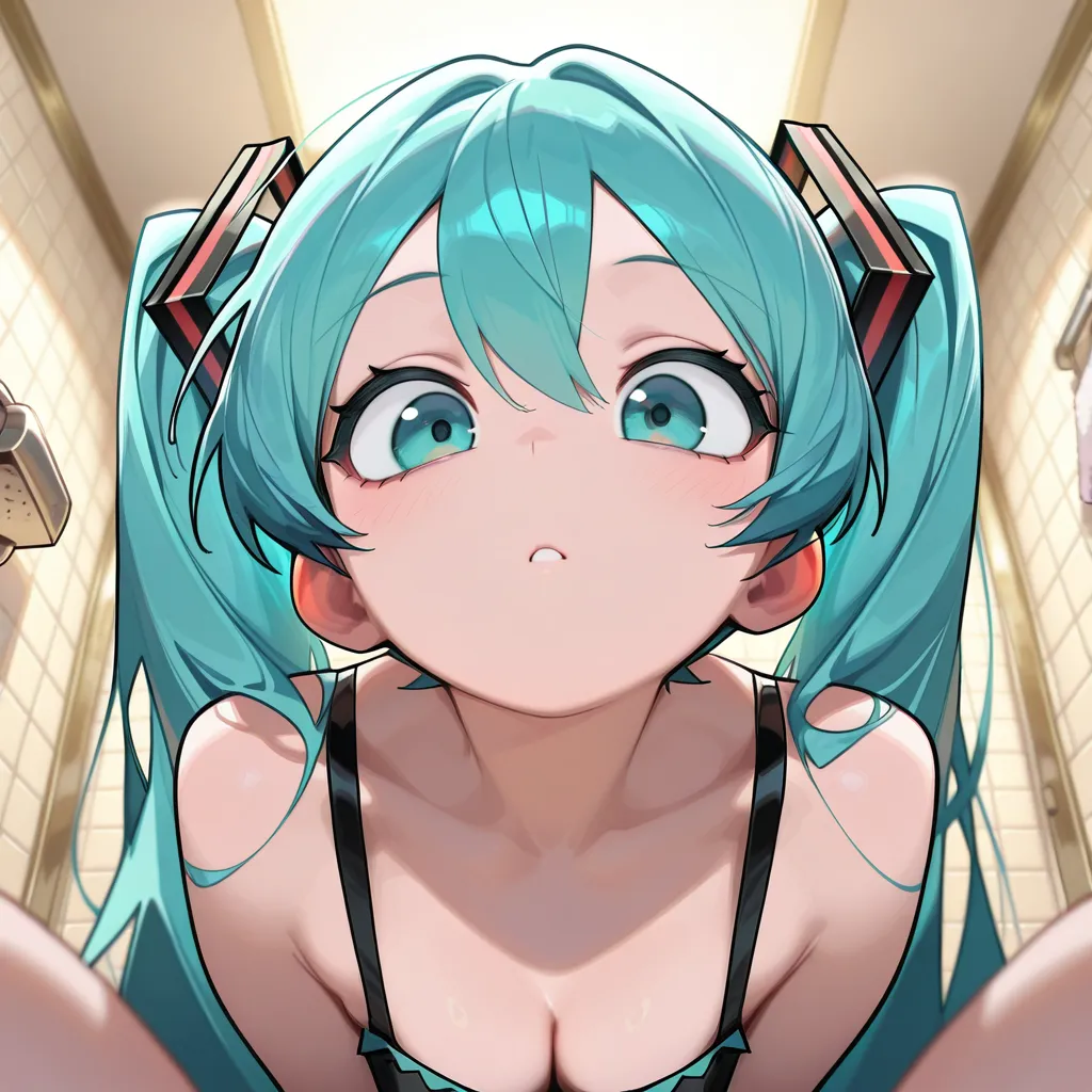 (masterpiece), (highest quality), (illustration), (super detailed), (high resolution), absurdity, 1girl, hatsune miku, vocaloid,seductive smile,blush,criss-cross halter,patterned string bikini,bathroom,yokozuwari,looking at viewer,?????,cleavage,hair ribbons,star necklace,cowboy shot,taking a selfie,wet