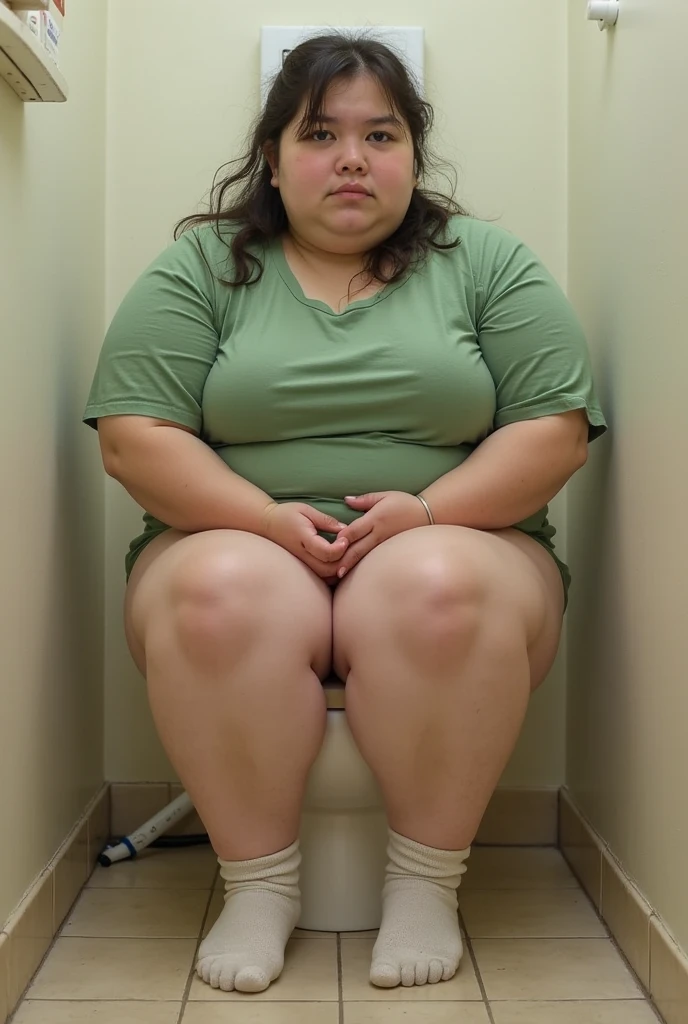 fat woman pooping on toilet and no pants, underwear and panties while wearing socks in feet