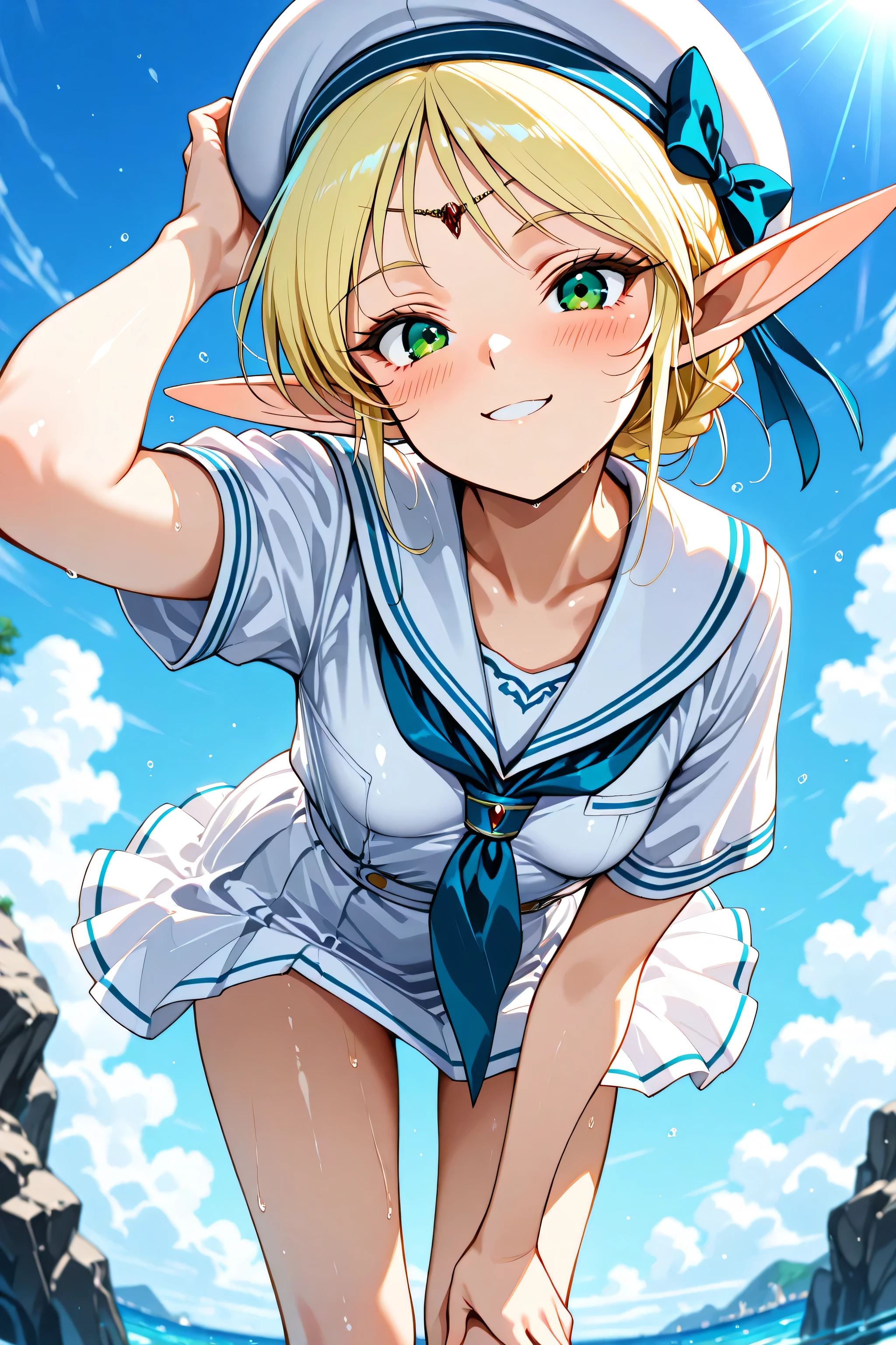 masterpiece,best quality, highres, incredibly absurdres, amazing quality,8K, yuuki nobuteru artstyle,
1girl,solo ,from below,
deedlit, pointy ears, elf, green eyes, blonde hair, small breasts, folded braid, white serafuku,white sailor collar,white skirt,white sailor collar,blue neckerchief,white beret,hat bow,
dynamic expression, smile, blush, looking at viewer,
dynamic pose, standing,skirt lift,hand on headwear,leaning forward,
summer,day, outdoors,seawall,

