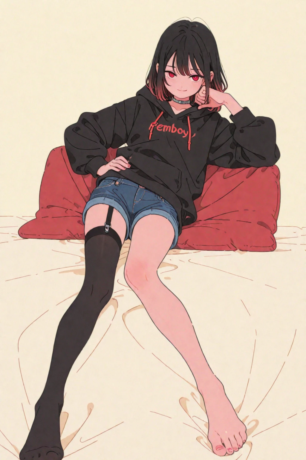 sleeping,bed,robotgirl,{thick eyeblows},very short hair,brown hair,red sunglasses,blue jacket,black hot pants,{cool},stylish,midnightcybercity{background:1.3},{masterpiece},{highquority},{best detailed},MECA