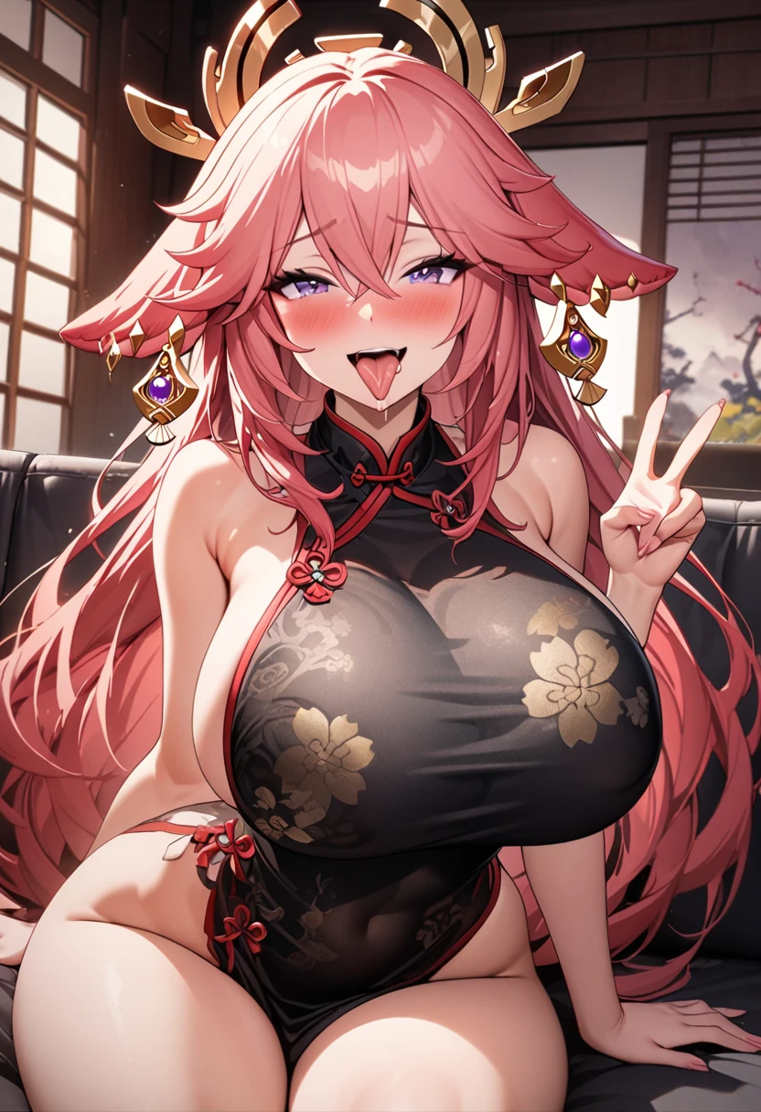 1 girl, game CG, black cheongsam, short cheongsam showing cleavage, gigantic breasts, pink hair, long hair, straight hair, ahoge, pink eyes, smile, open mouth, waving,