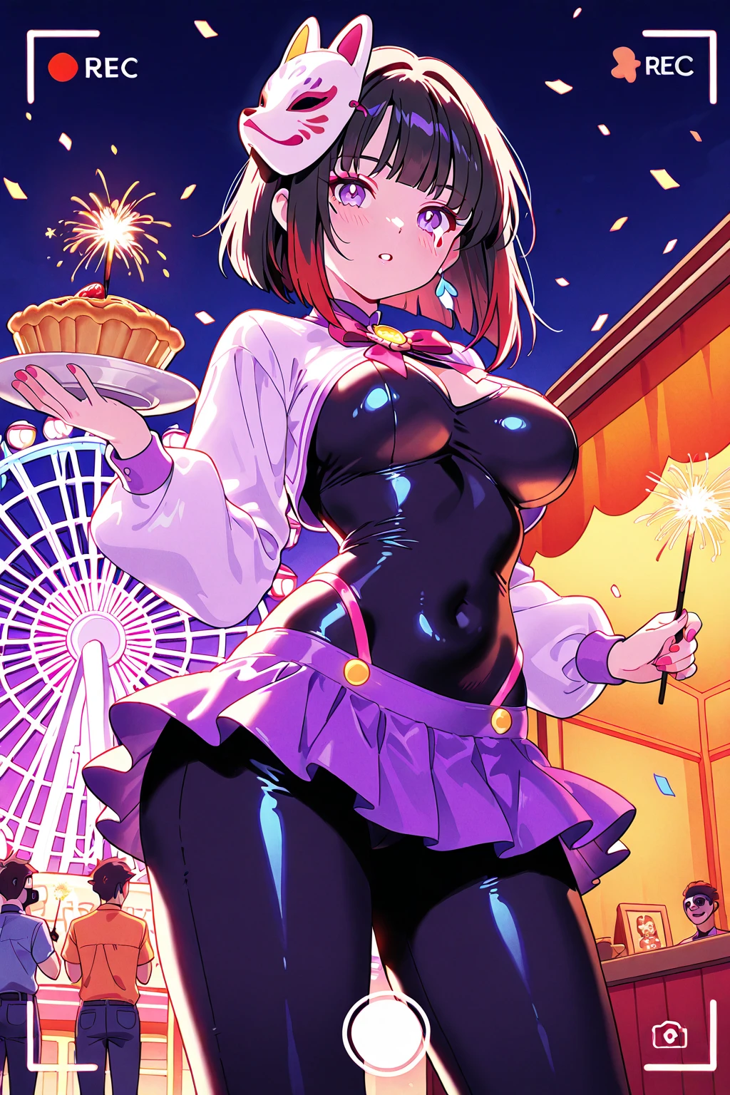 (high resolution), 1girl, woman, mature female, housewife, 18 years old, (curvy body:1.2), (evil smile:1.2), (evil grin, light smile:0.5), (shiny skin, glistening skin, high gloss skin:1), (sweat:1.4), (playboy bunny, black rabbit ears, wrist cuffs, black leotard:1.5),  breast focus, (gigantic breasts:1.2), solo, black hair, middle hair, bob cut, black eyes, looking at viewer, (arms behind back:1.4), (excitedly the classroom for a festive event, colorful streamers and balloons with a lively expression:1.8).