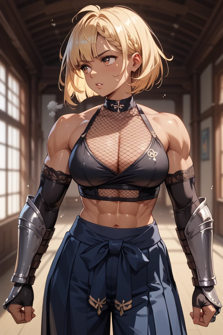 masterpiece, best quality, blonde messy hair, green eyes, headband, maid, kitchen, upper body, strong abs, hands on hips, leather collar choker