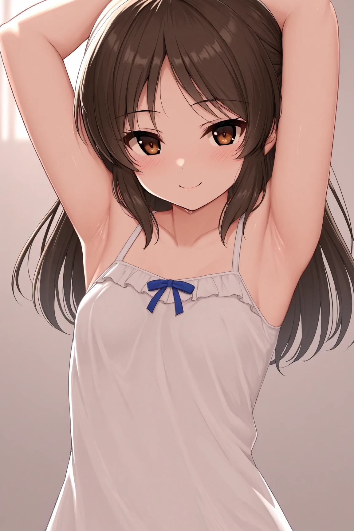 Highest quality, masterpiece, High resolution, 一人in, {sarinoga_Fleet Collection:1.15}, brown_hair, length_hair, ponytail, ~ side_ponytail, hair_between_eye, green_eye, chests, ~ sidelocks, big_chests, smile, pocket, chest_pocket, chimney, One girl, blush, good, chestの谷between, clavicle, Looking_in_Audience, underwear, white_good, Closed_mouth, panties, underwear_only, white_panties, chimney_hair_ornament, upper_body