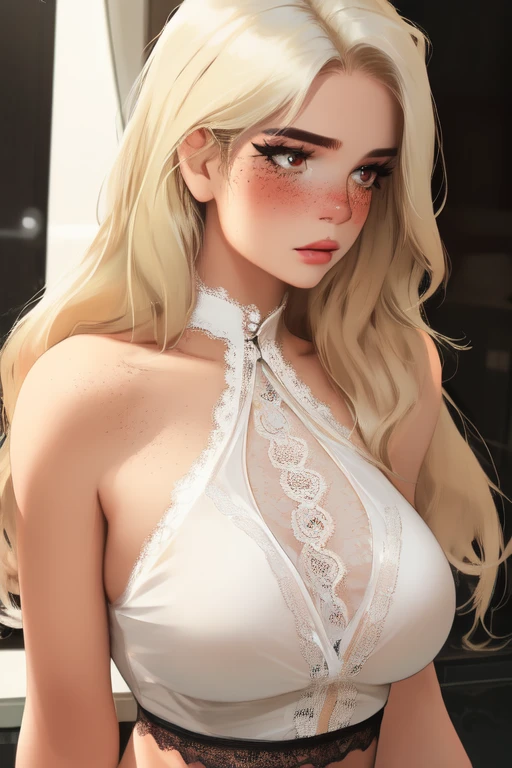A realistic rendering of a David Wright style illustration of a very close shot, ultra close shot on the breasts  of two   pert, nubile, thin, freckled  teen   girls with 50s style, very short sandy blonde hair, bows in hair, topless, best quality, tiny breasts, bare breasts, small breasts, bare crotch, exposed crotch, pink nipples , puffy nipples , exposed nipples , wearing  pink bondage straps, black, spiked  choker necklace,  a silver chain wrapped around body, open, white blouse, white lace collar, pastel lace, pastel lace straps under nipples, pastel lace straps under breasts,  open light blue, fuzzy sweater, undressing,   uniform, partially clothed,  silver art deco design background, ultra close shot on breasts 