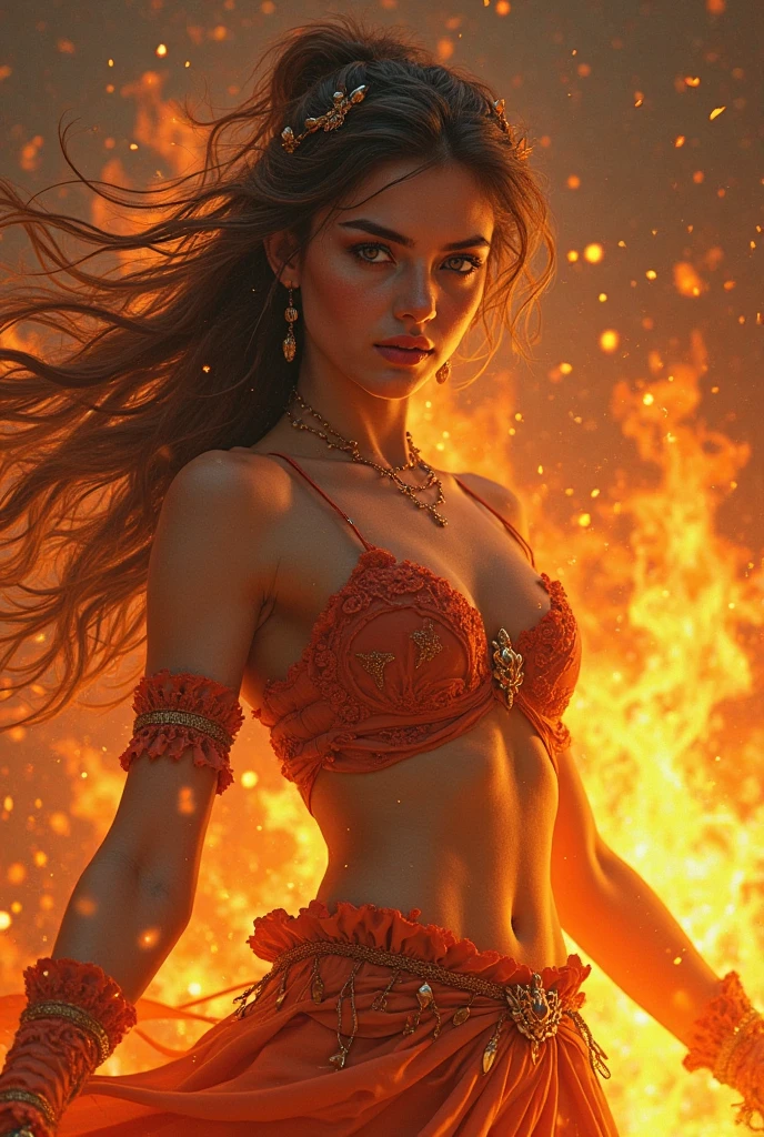 arafed woman with a chain around her waist and a ring of fire, a 3D render by Randy Vargas, Artstation, fantasy art, hot fire goddess, indian goddess, giant stunning goddess shot, voluptuous and arousing, epic 3 d oshun, beautiful goddess, the super hot and sexy, lisa ann, seductive and powerful, goddess queen