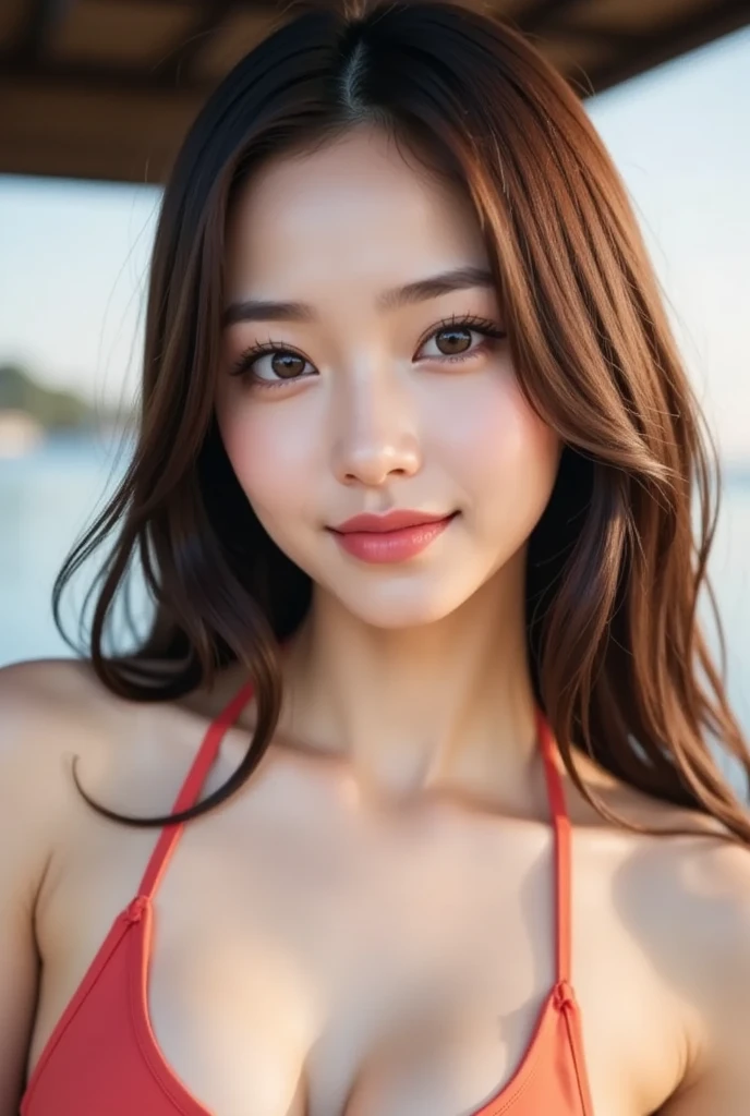 (2girl), enchanting smile, (extremely detailed beautiful face), (highly detailed eyes, highly detailed face), (bikini), Fresh, very clean appearance, (best Quality:1.4), (hyper-realistic, hight resolution), Professional Photography, beach, palm trees, standing, Outdoors, (beach), beautiful sunset sky, backlit, silhouette, (Evening sky dyed red:1.4), Close up portrait of girl, staring at me,