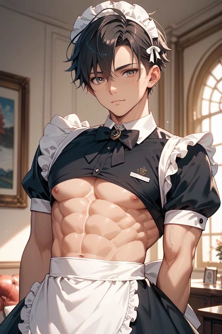 high quality, detailed, Realistic, (19 years old japanese idol maid boy), (detailed black eyes), (black short hair),  (abs), (shiny skin), dungeon, (apron), (head dress), (tiny thongs), (bulge:1.2), candle, (flat chest:1.2),