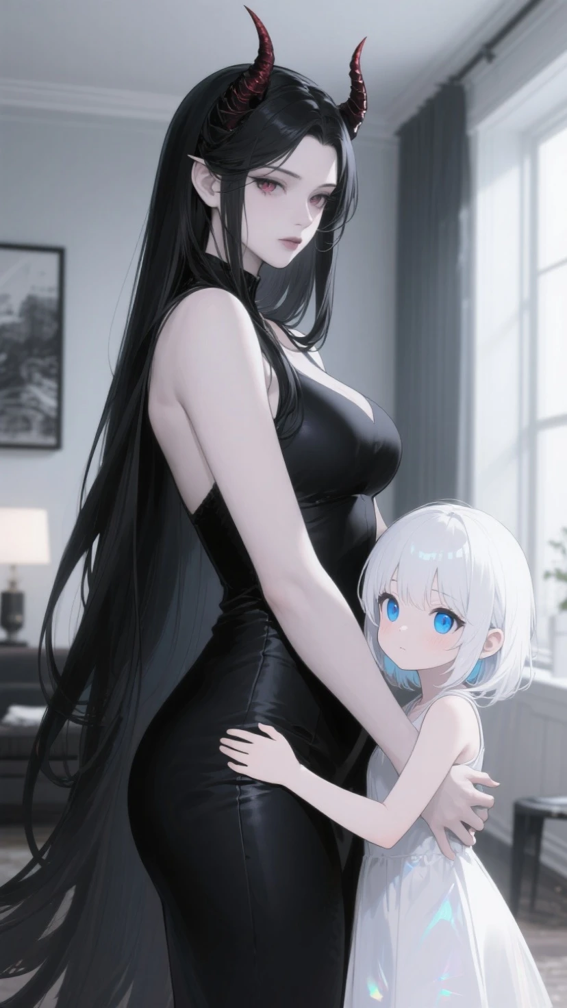 Make a white haired woman in a black dress ((((sitting on a sofa with her 5 year old son))). The boy'hair color is white., the boy is wearing a black jacket, black pants and black shoes.