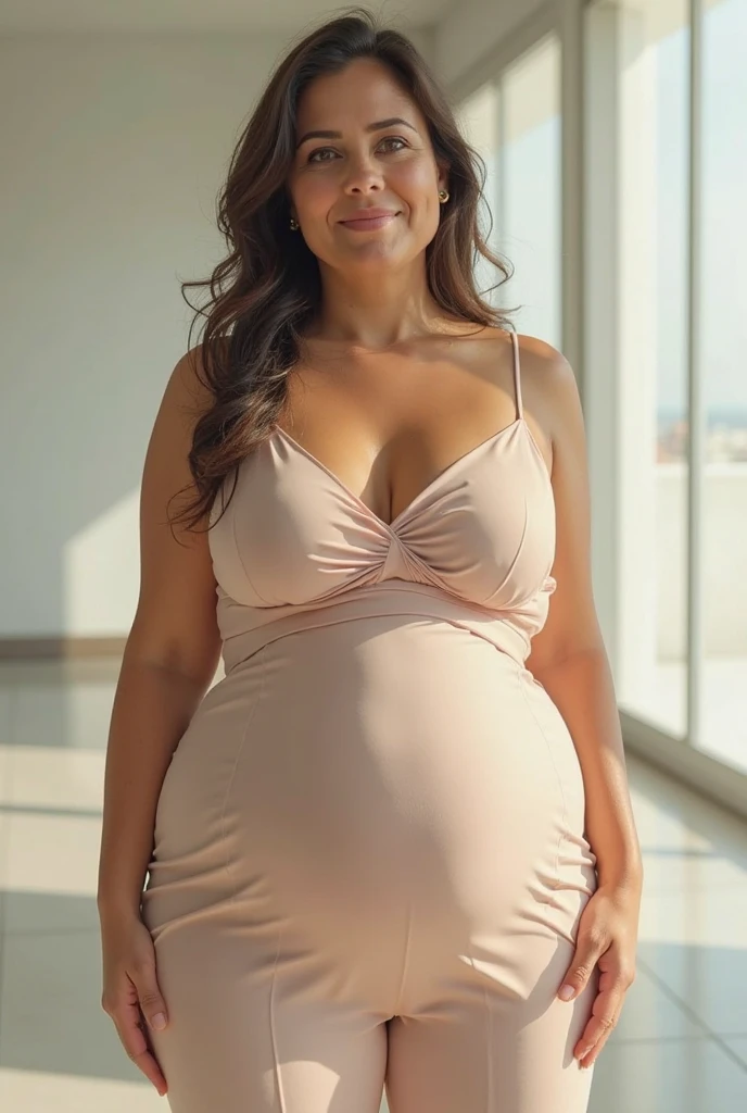 RAW photo of  daniboba, huge breasts, saggy breasts, ((pregnant)),red high-neck dress, neutral background, 8k uhd, dslr, soft lighting, high quality, film grain, Fujifilm XT3, 