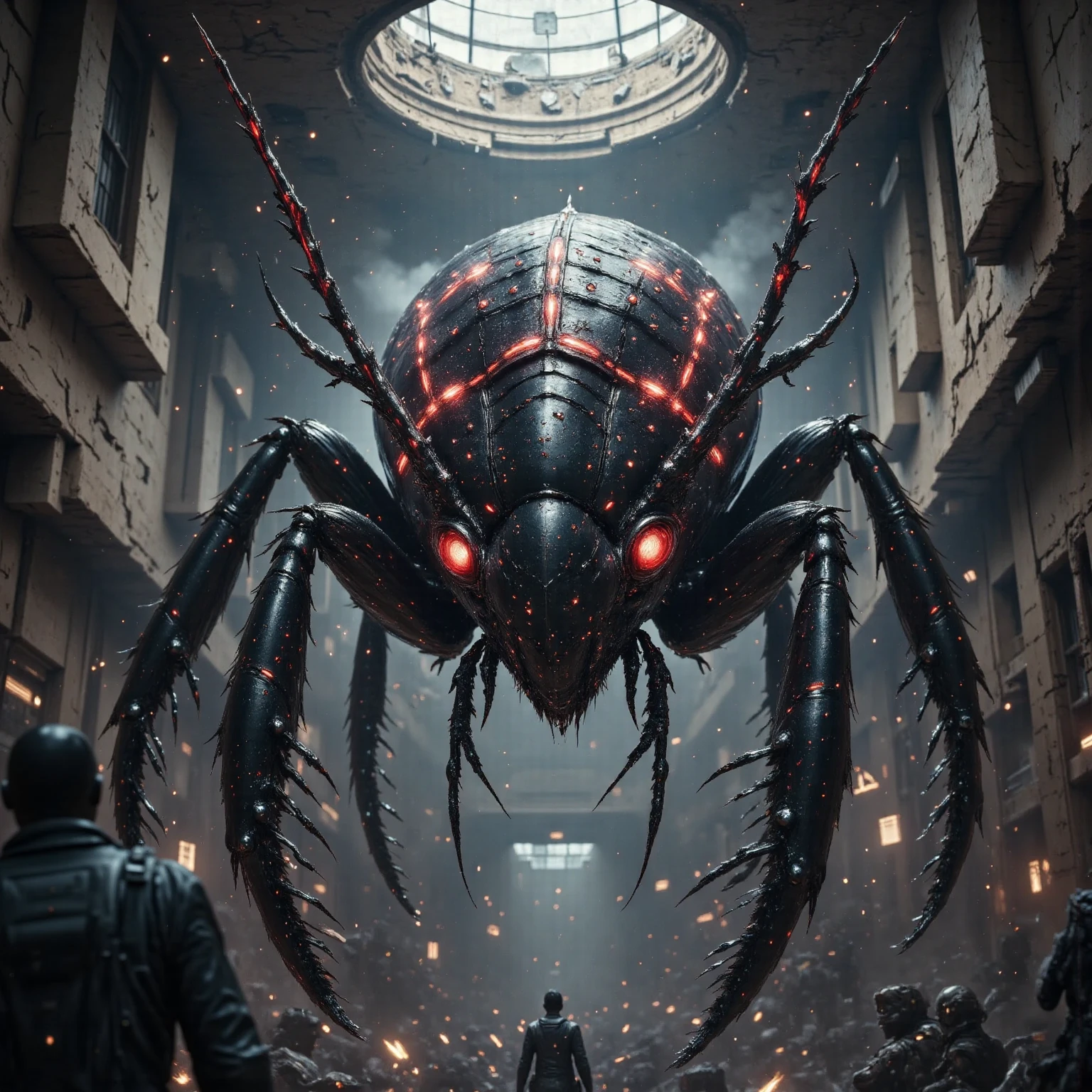 A massive, monstrous entity composed of a fusion of machines and flesh. It has piercing red eyes and a sinister voice. It is a reality manipulator, capable of creating nightmarish virtual environments. It has wires and cables protruding from its body, and its organic construction is a grotesque mixture of flesh and metal. It is cruel, destructive, and a symbol of inhumanity. Its desire for domination is absolute, and it inspires terror and despair in all who encounter it.