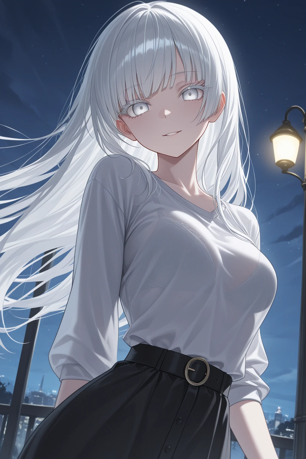 score_9, score_8_up,score_7_up, source_anime, <lora:EPnna2Pony:1>, EPnna2, 1girl, solo, white hair, long hair, blue eyes, hair between eyes, android, robot joints, mole under mouth, large breasts, smile, white trench coat,cleavage,standing,empty streets,night,fog,moon,