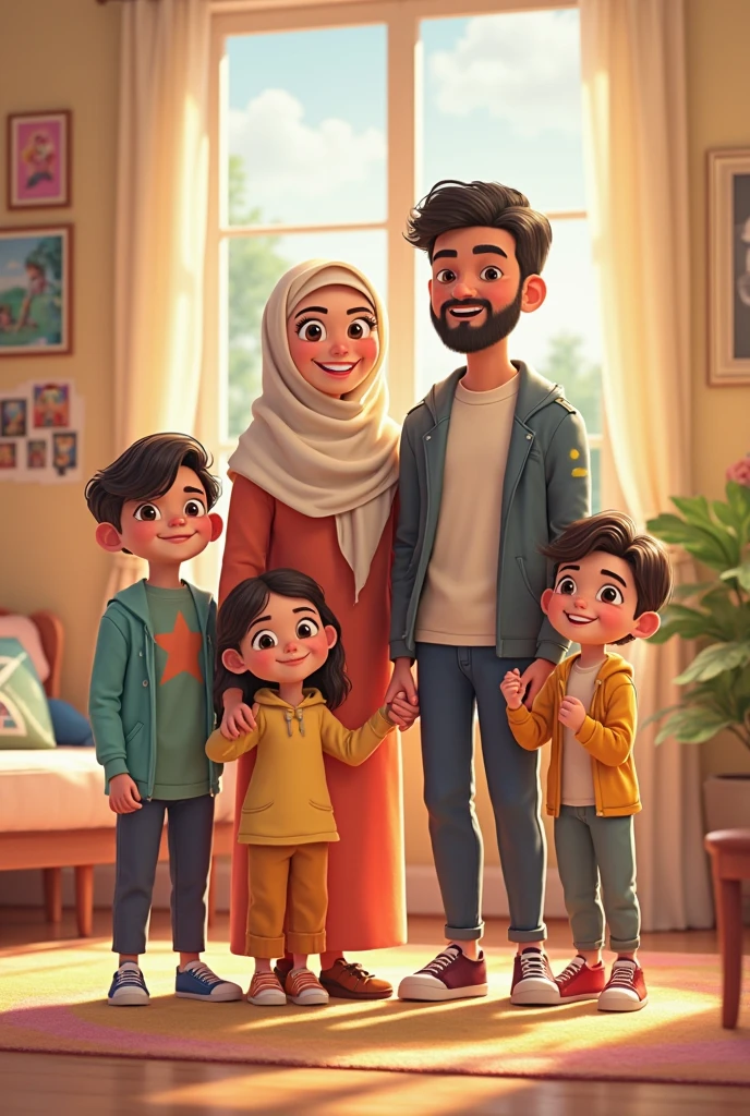 masterpiece, best quality,pixar: malay family, father,watching movies ,smiling, wearing home hijab and baju kurung,covered head, ,a moment of pure relaxation,swirly vibrant colors,soft, natural lighting,smooth bokeh effect,oil painting style,Romantic Inspiration,exceptional clarity and sharpness PIXAR style 