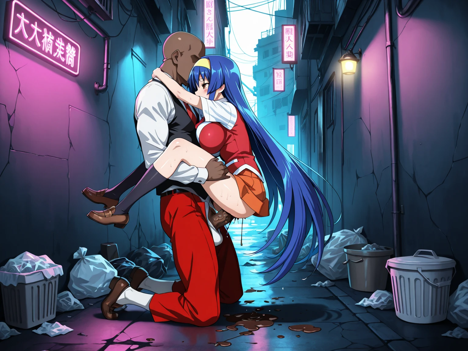 masterpiece, best quality,anime style, 1 girl,(((slender body))), (((small breast))),(((hot pants, blue tanktop,red tie))),(((((a gorilla man grabbing the girl))))), ((((restrained, arms behind back)))),((((cum)))), (beautiful face), (((long hair))), (((straight hair))), ((((blue hair)))),detailed beautiful skin, (perfect hands, perfect anatomy)