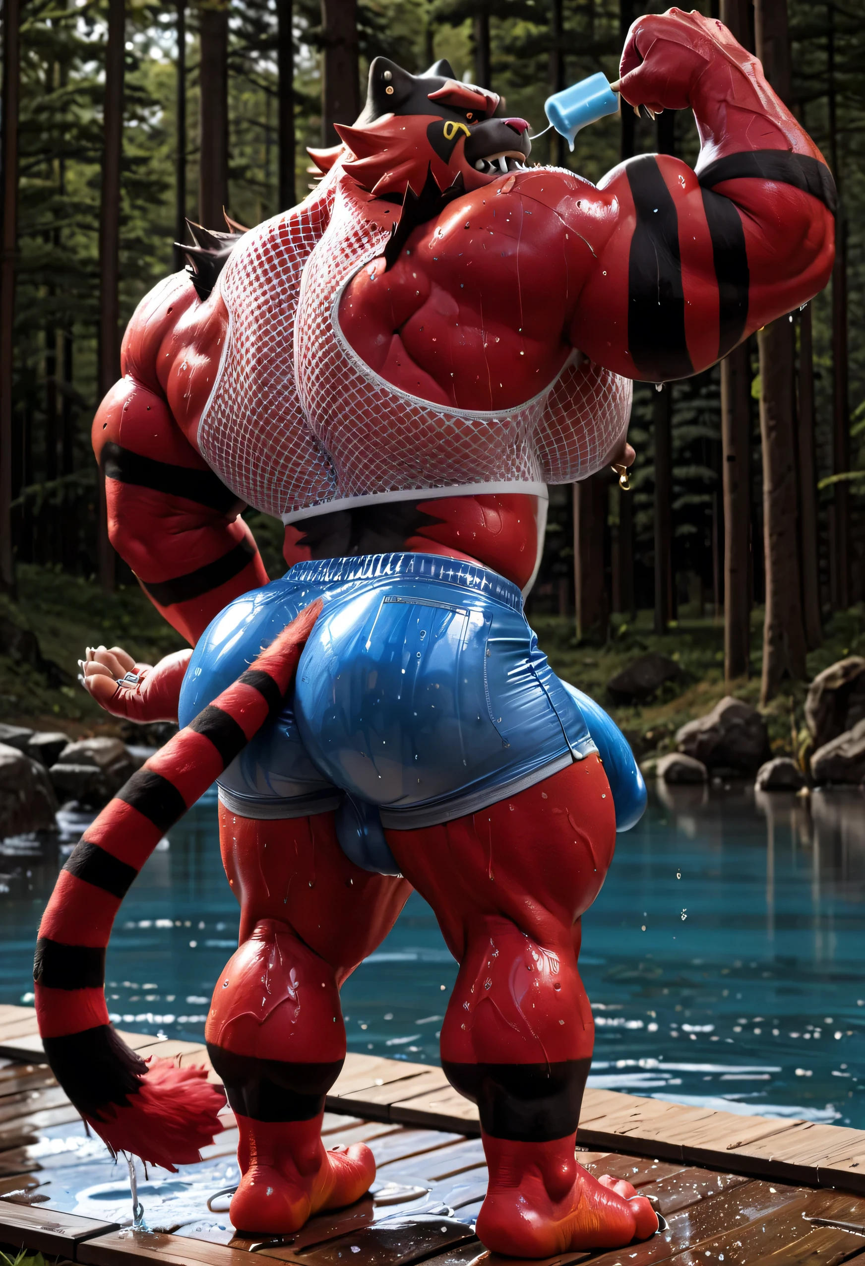 (((score_9,score_8_up,score_7_up,score_6_up,score_5_up,score_4_up))), (((by r4cc00n212))), (((Male Muscular Bara Furry Anthro Incineroar, Incineroar from Pokémon, Pokémon Incineroar, Pokémon, Incineroar))), (((Solo:2))), (((facing away, showing his back, one hand holding an ice pop, the other hand is flexing, tongue sticking out, bit of drool, one eye is closed, standing))), (((Looking Away, dynamic angle))), (((Looking At You, dynamic angle))), (((4k, perfect colors, perfect shadows, perfect lighting, Clear facial features, BREAK Photorealistic, Full body photo, perfectly correct anatomy, realistic, very awa, masterpiece, best quality, absurdres, perfect quality, detailed background, intricate details))), (((Photorealistic Inside a Forest near a lake))), (((Huge Veiny Muscular Body, Muscular, Huge Muscular bodybuilder body, Manly, Bara, Kemono, Hyper, Huge Muscular bulging muscles, Huge Muscular bulging ABS, Huge Muscular bulging pecs, Huge Muscular bubble butt, Huge Muscular thighs, Huge Muscular calves, Huge Muscular Thick Neck, Huge Muscular Shoulders))), (((Detail Furry anthro Fluffy Incineroar Fur, Detail Furry anthro Incineroar Fur Pigment, Detail Red Skin, Detail Furry anthro Incineroar Tail, Photorealistic Furry anthro Bara Incineroar head, Furry anthro Incineroar fangs))), (((Photorealistic IIncineroar Fur:1.5, Photorealistic Red Skin:1.5, Very Hairy Body:1.5, Horny look:1.5))), perfect male figure, (((nipple piercings, ear piercings, eyebrow piercing, rings))), (((Photorealistic human hands, human flesh tone hand palms, large hands, plantigrade feet, human feet, huge feet, soles, human flesh tone footpads, finger claws, 5 fingers:1.5, 5 toes:1.5, toe claws, Black Puffy nipples, 10 feet tall:1.5))), (((Massive Giant Bulge, Massive Giant scrotum))), (((wearing a wet tight blue cheeky jean shorts:1.5, wearing a wet tight White fishnet crop top:1.5))), (((Sweaty Body:1.5, body steam:1.5))),