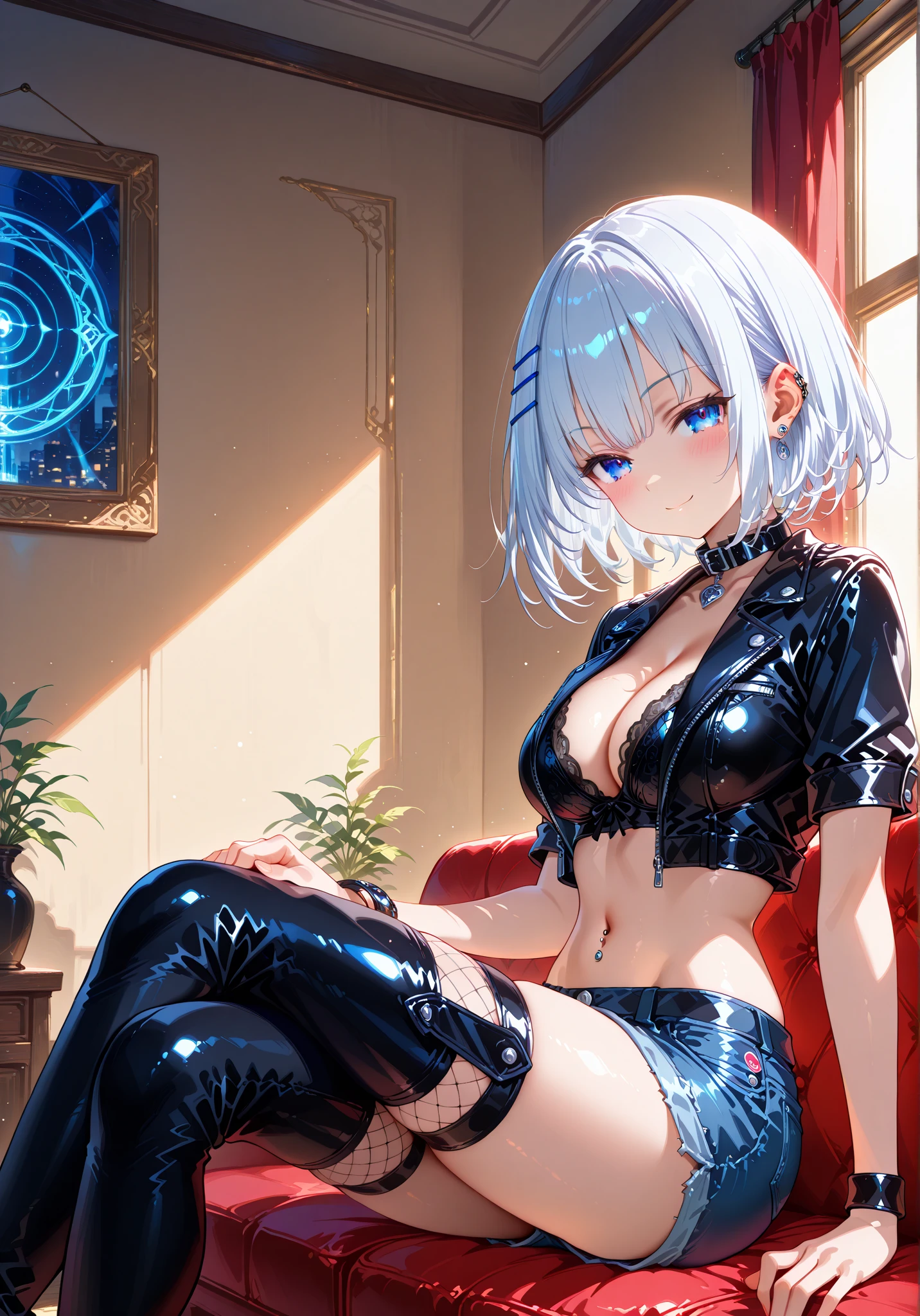 Highest quality、、(Bunny girl)、Plain stockings、High heels、Bunny Suit、View the viewer、Angle from behind、W sitting、(Smile: 1.2)、Futuristic Living Room、Room with houseplants、You can see the night city illuminations from the window、Silver short hair、Beautiful Eyes、Beautiful Face、Delicate eyes、Look up at the girl