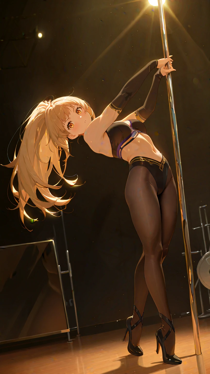 1 girl, ((strip bar)), white tank top, (woman boxer black shorts), long hair, (shading), ((pole dance)), striptease